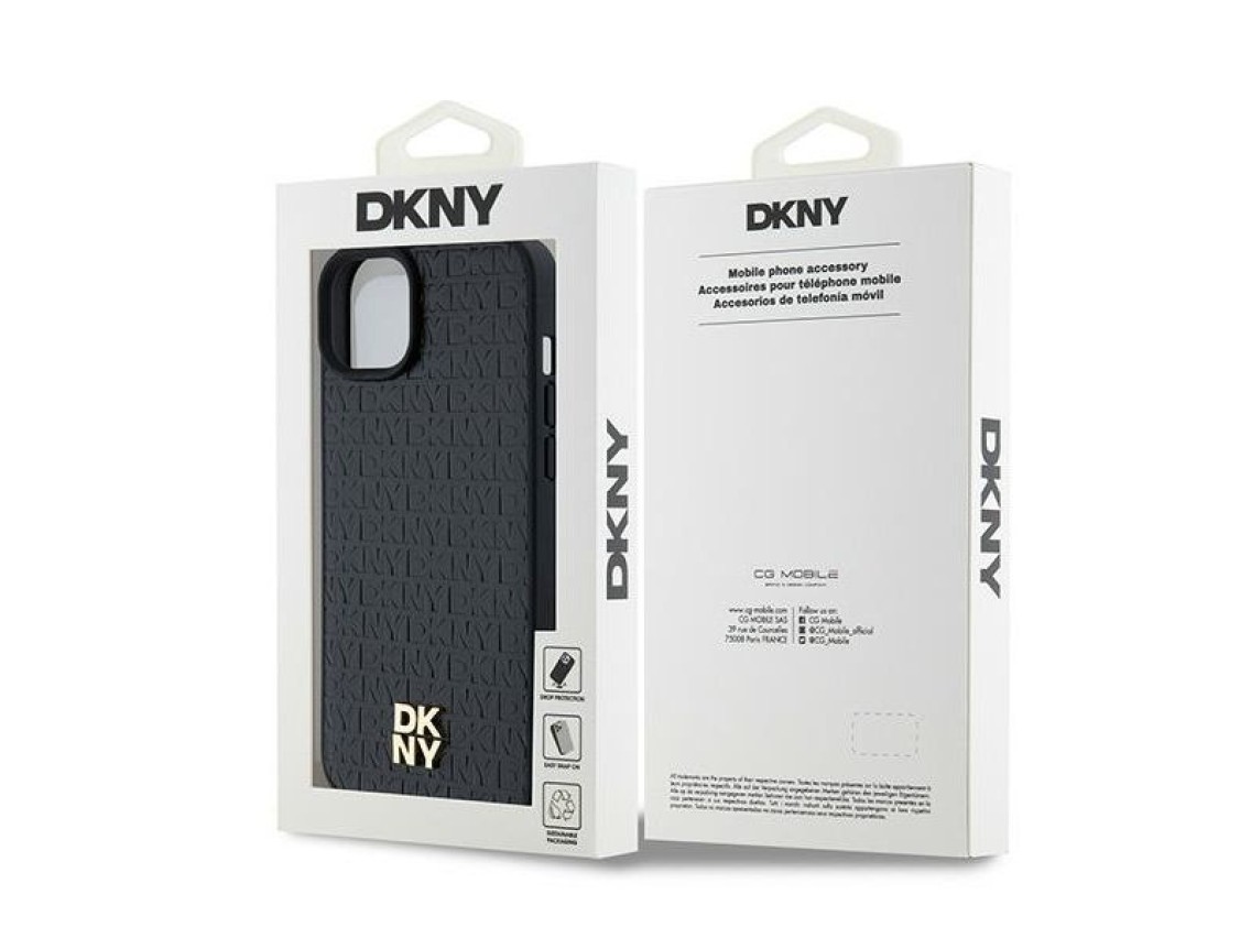 DKNY Leather Monogram Pattern Metal Logo MagSafe Case for iPhone 15 Plus / 14 Plus - Black