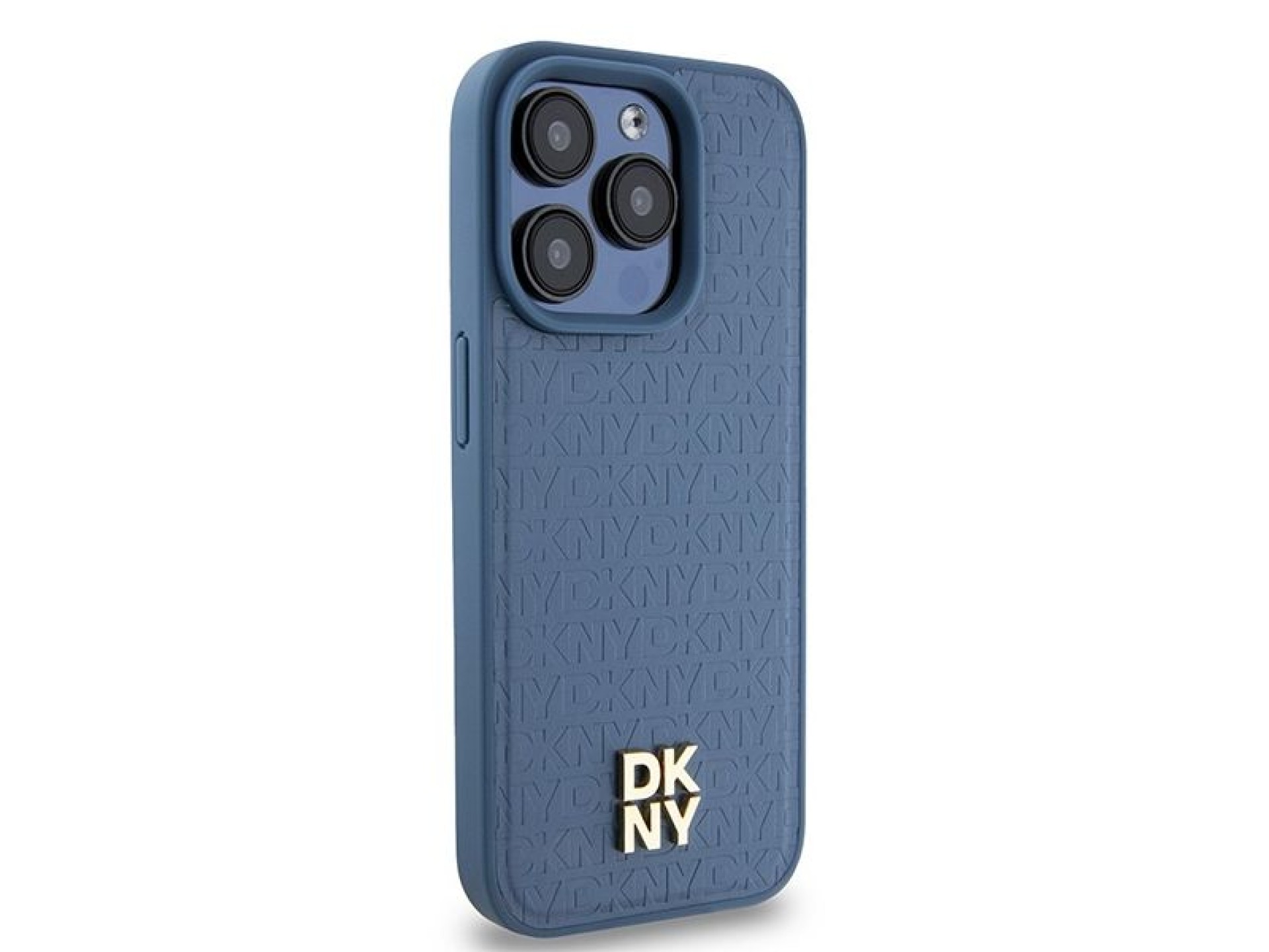 DKNY Leather Monogram Pattern Metal Logo MagSafe Case for iPhone 15 Pro - Blue