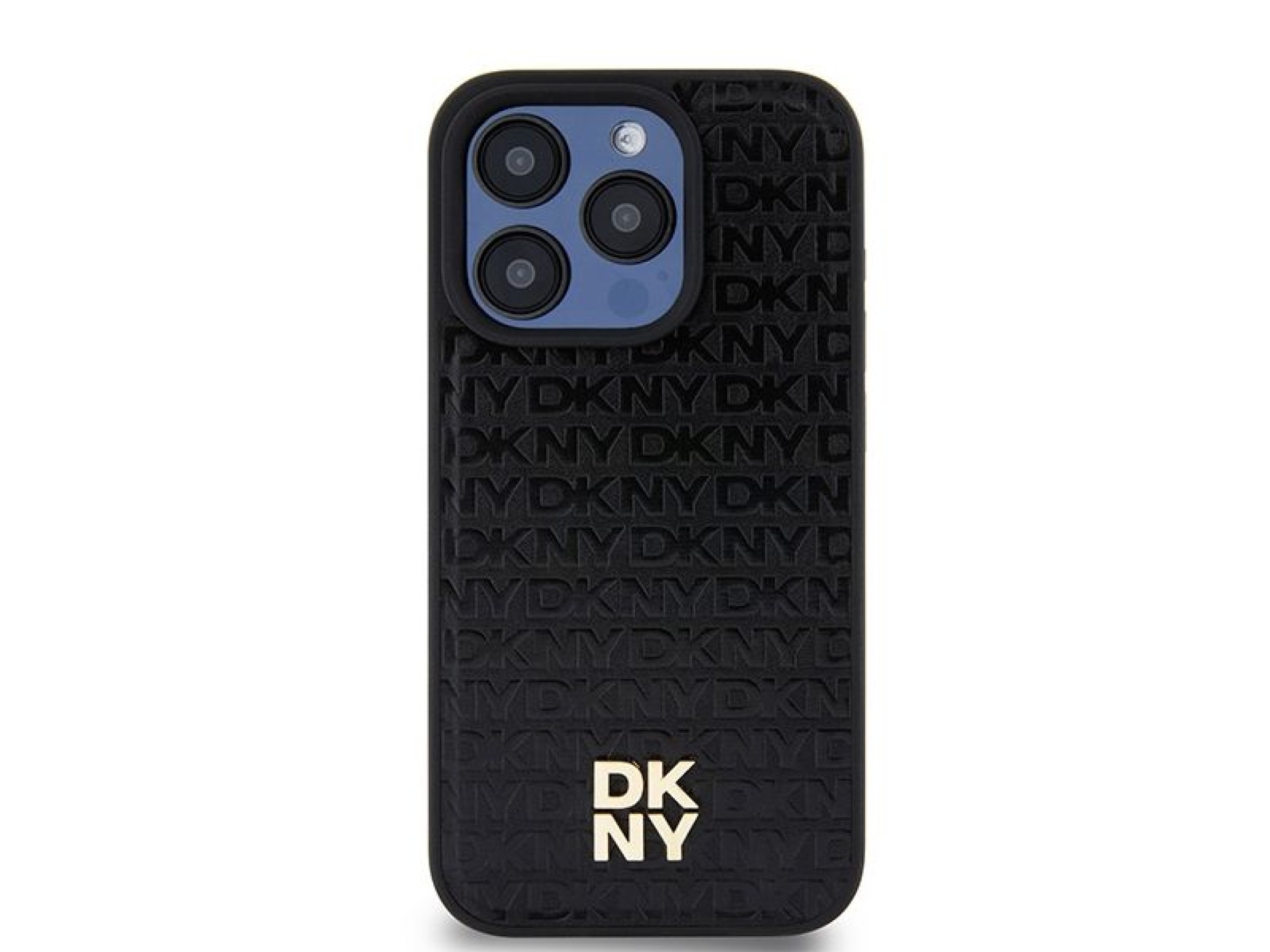 Capa MagSafe DKNY em couro com monograma e logotipo metálico para iPhone 15 Pro - Preta