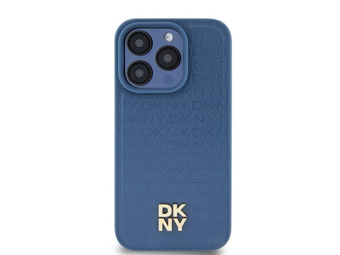 DKNY Leather Monogram Pattern Metal Logo MagSafe Case for iPhone 15 Pro - Blue