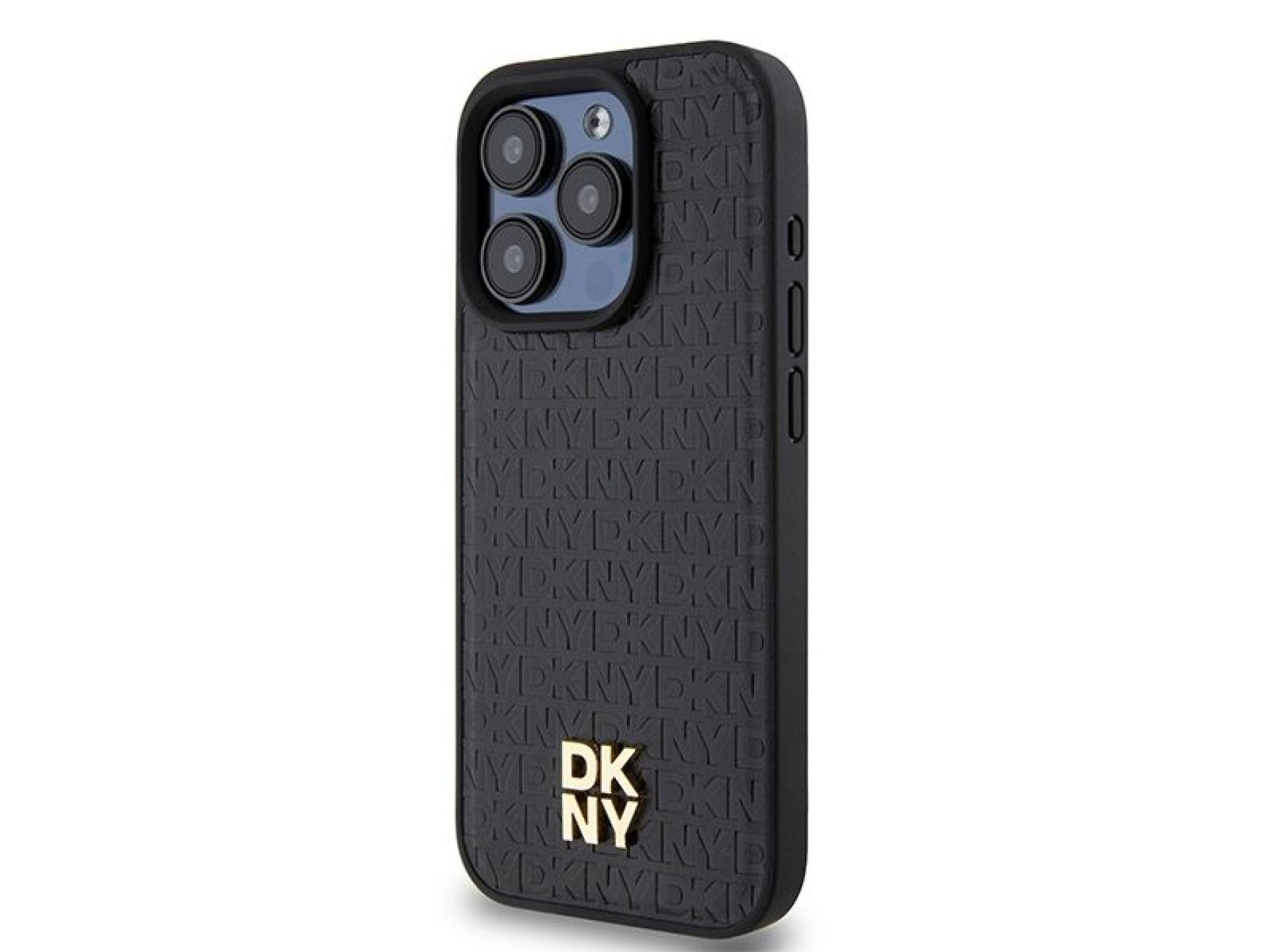Capa MagSafe DKNY em couro com monograma e logotipo metálico para iPhone 15 Pro - Preta