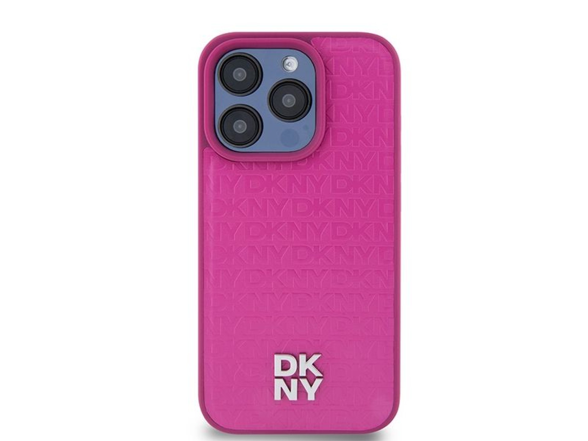 DKNY Leather Monogram Pattern Metal Logo MagSafe Case for iPhone 15 Pro - Pink