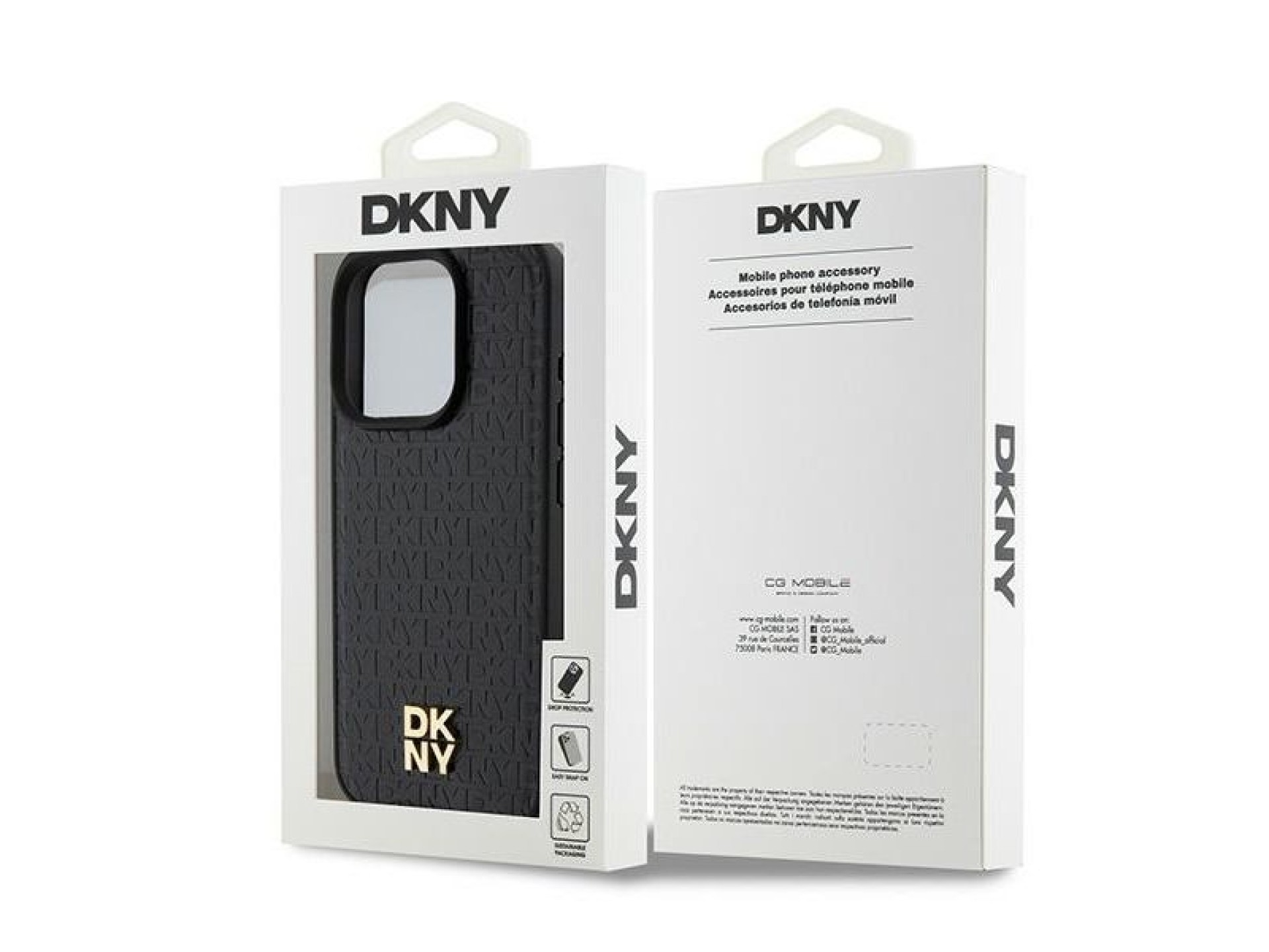Capa MagSafe DKNY em couro com monograma e logotipo metálico para iPhone 15 Pro - Preta