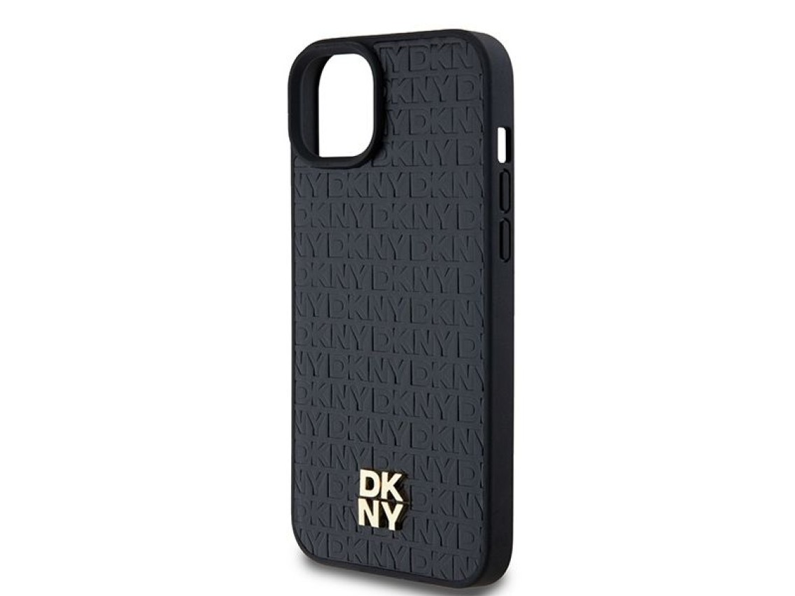 DKNY Leather Monogram Pattern Metal Logo MagSafe Case for iPhone 15 Plus / 14 Plus - Black