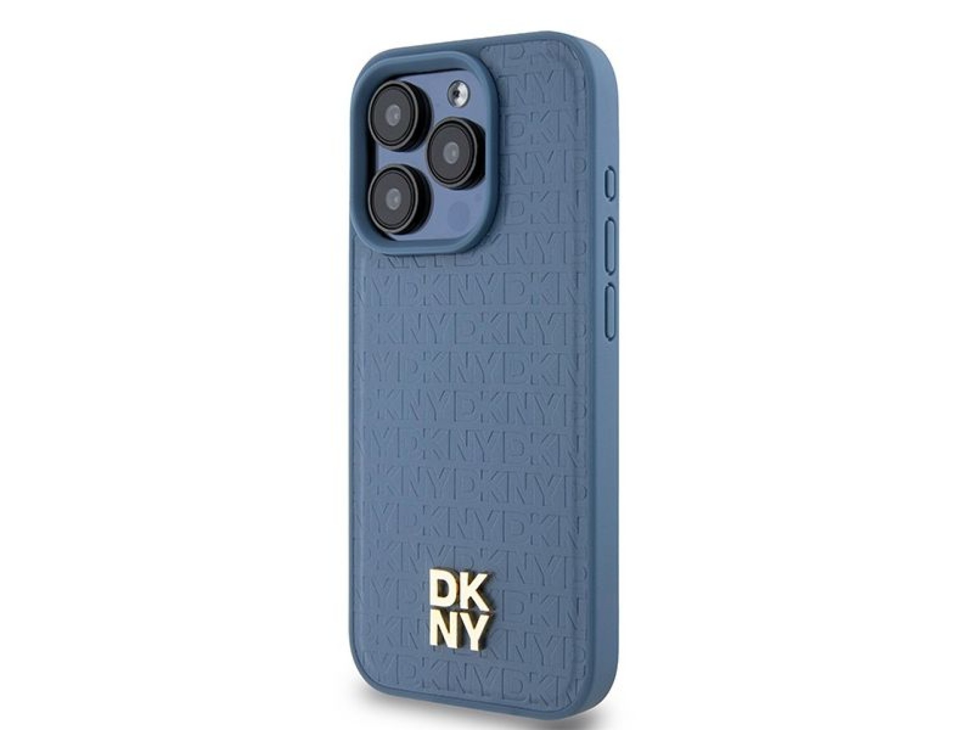 DKNY Leather Monogram Pattern Metal Logo MagSafe Case for iPhone 15 Pro - Blue