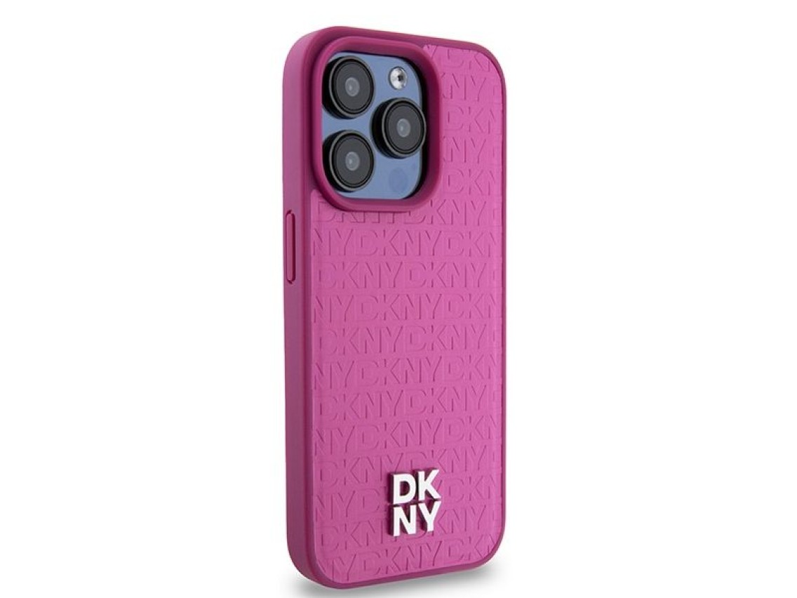 DKNY Leather Monogram Pattern Metal Logo MagSafe Case for iPhone 15 Pro - Pink