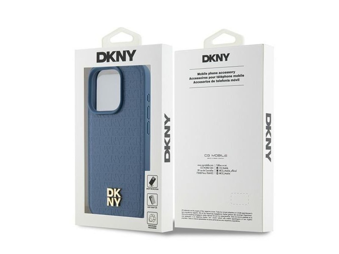 DKNY Leather Monogram Pattern Metal Logo MagSafe Case for iPhone 15 Pro - Blue