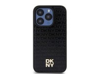 Capa MagSafe DKNY em couro com monograma e logotipo metálico para iPhone 15 Pro - Preta Capa MagSafe DKNY em couro com monograma e logotipo metálico para iPhone 15 Pro - Preta