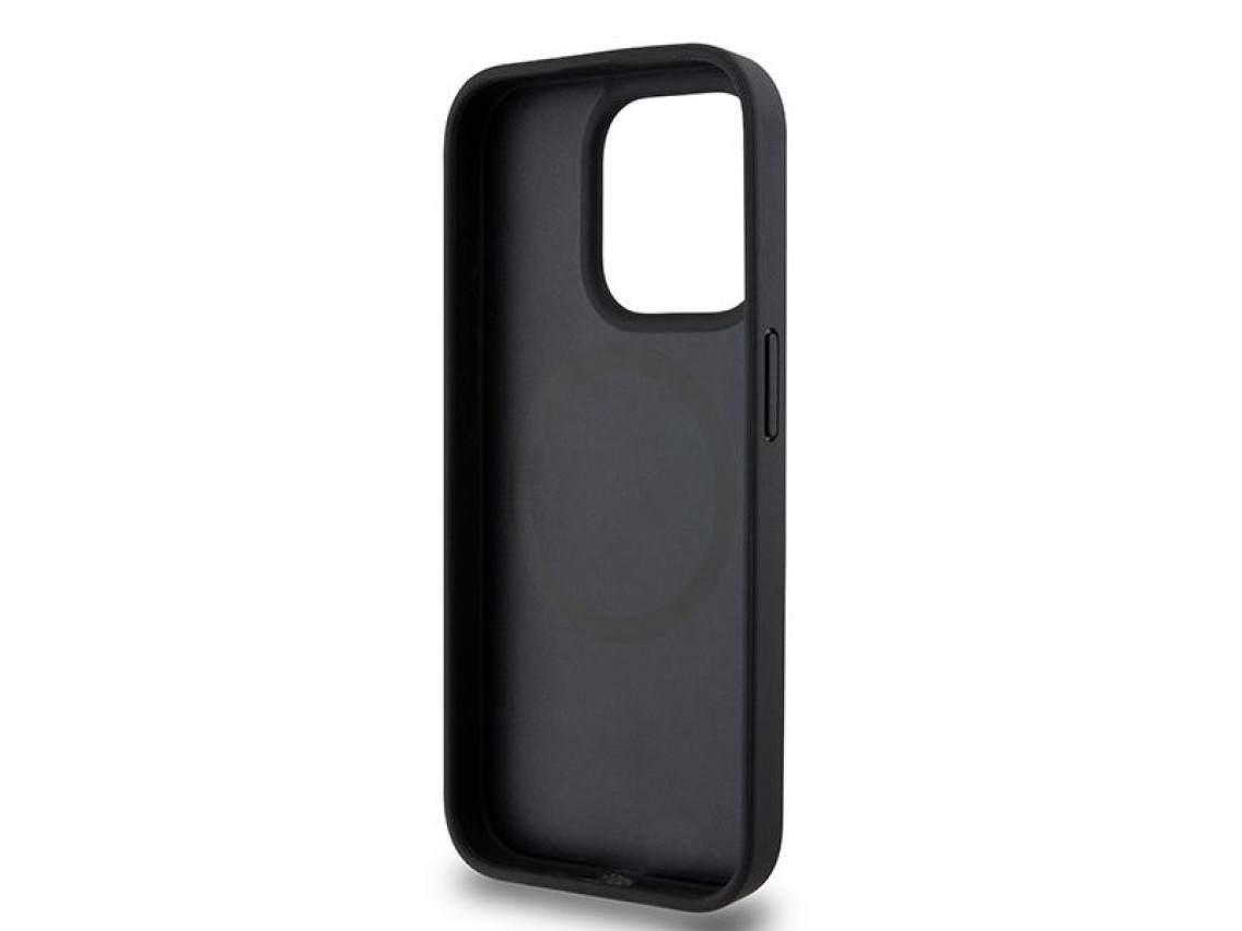 Capa MagSafe DKNY em couro com monograma e logotipo metálico para iPhone 15 Pro - Preta