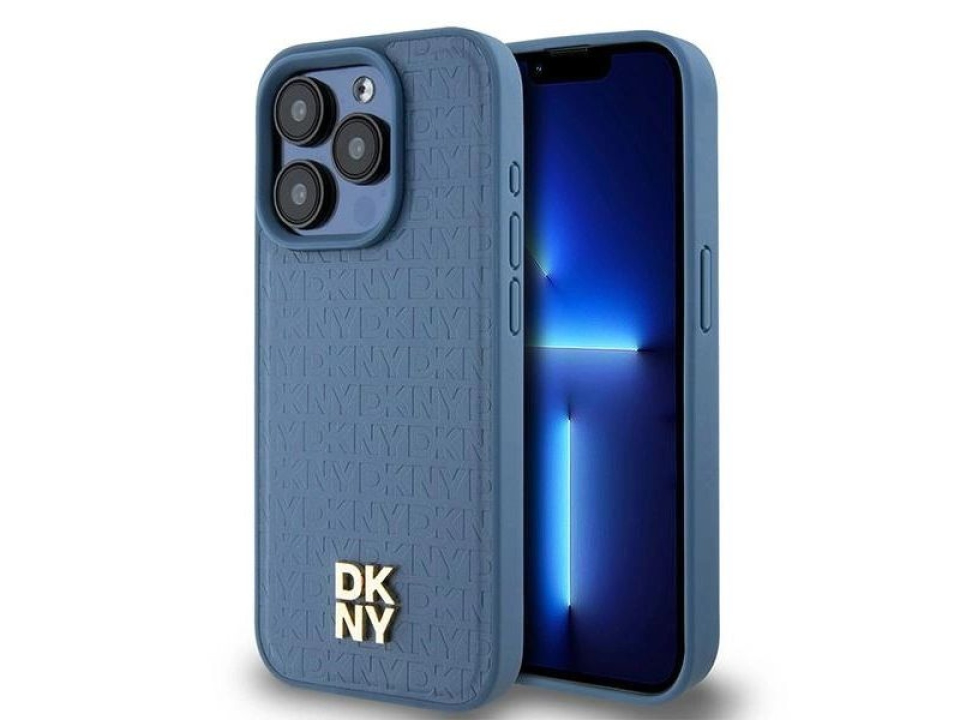 DKNY Leather Monogram Pattern Metal Logo MagSafe Case for iPhone 15 Pro - Blue