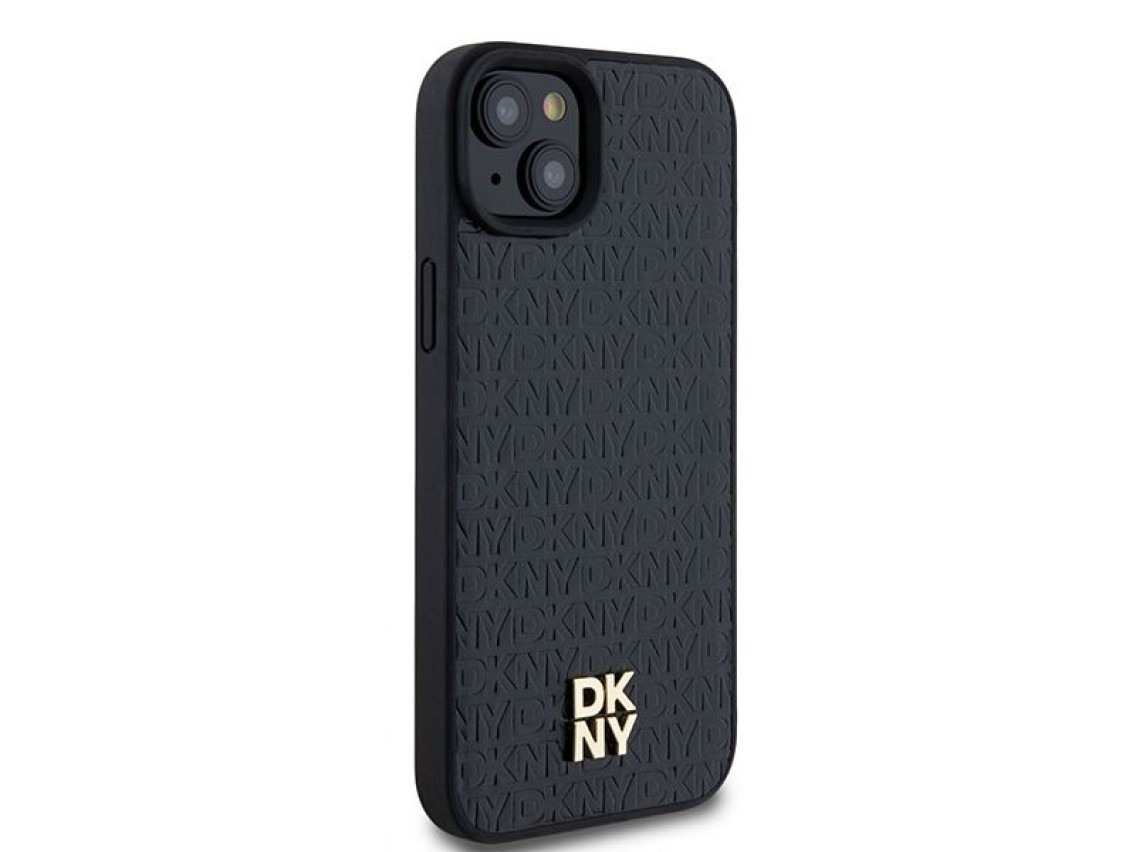 DKNY Leather Monogram Pattern Metal Logo MagSafe Case for iPhone 15 Plus / 14 Plus - Black