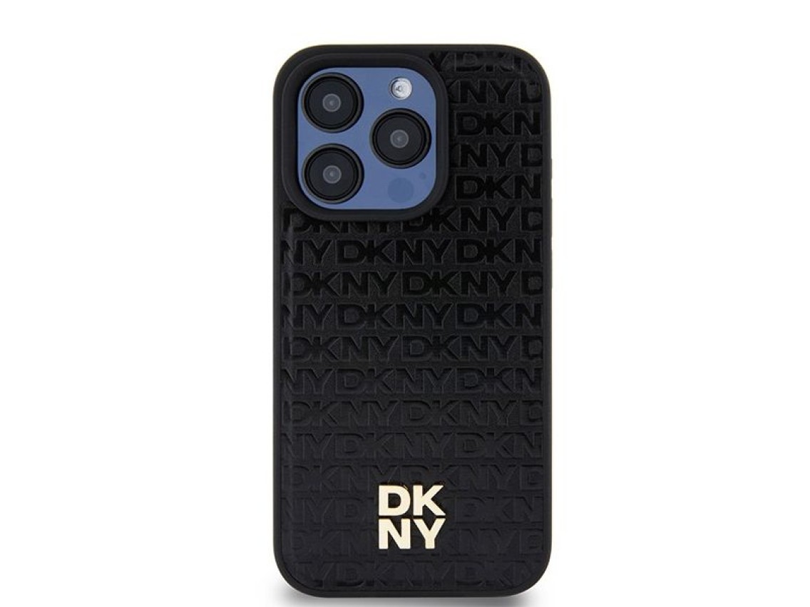 Capa MagSafe DKNY em couro com monograma e logotipo metálico para iPhone 15 Pro - Preta