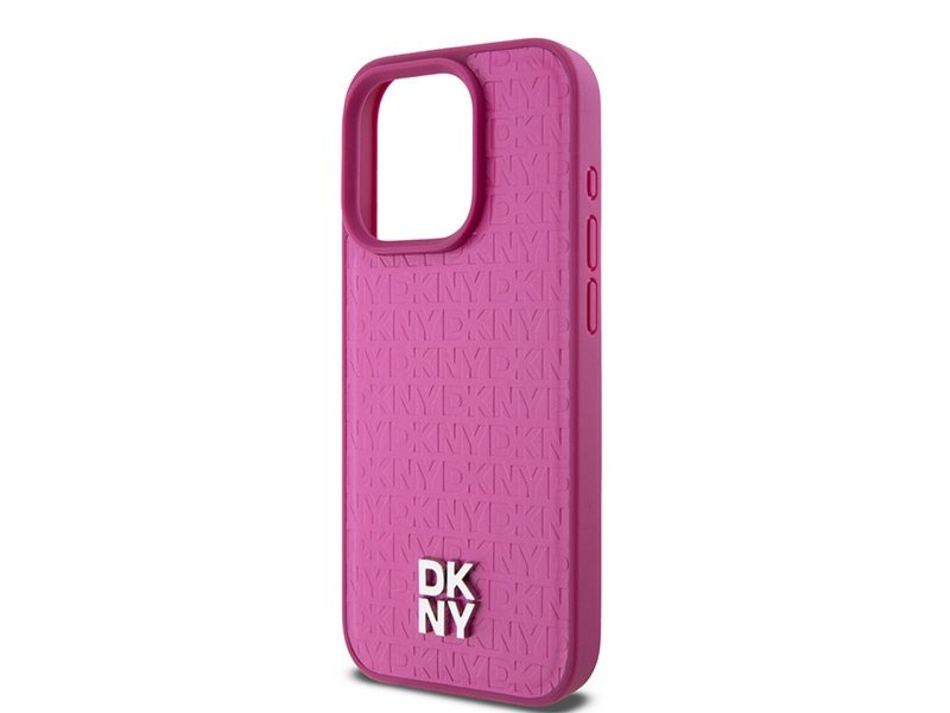DKNY Leather Monogram Pattern Metal Logo MagSafe Case for iPhone 15 Pro - Pink