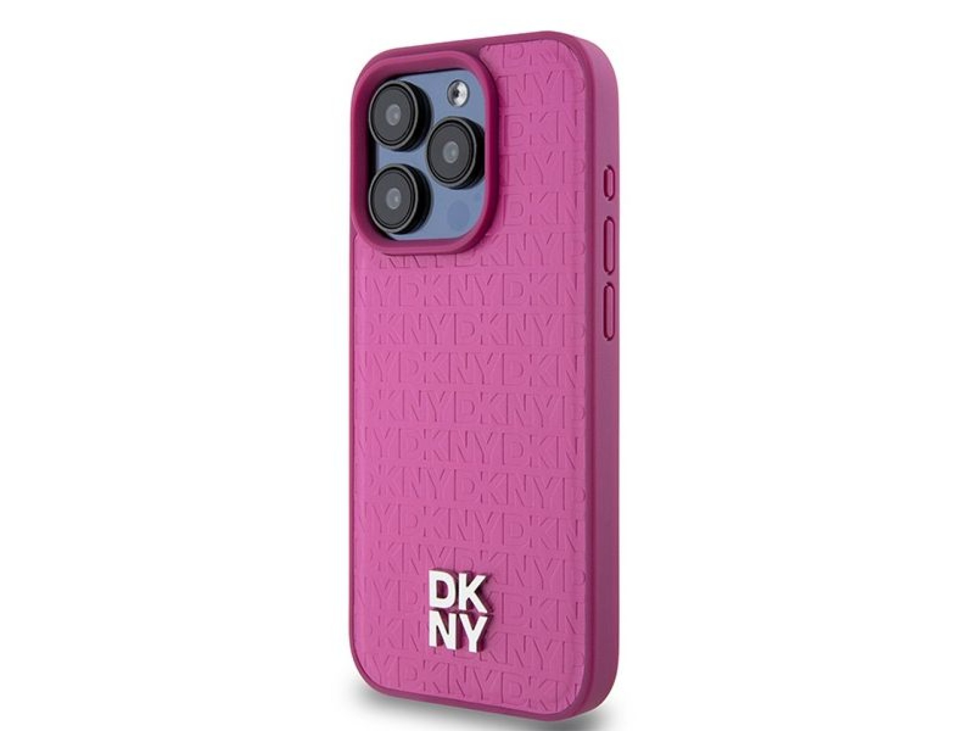 DKNY Leather Monogram Pattern Metal Logo MagSafe Case for iPhone 15 Pro - Pink