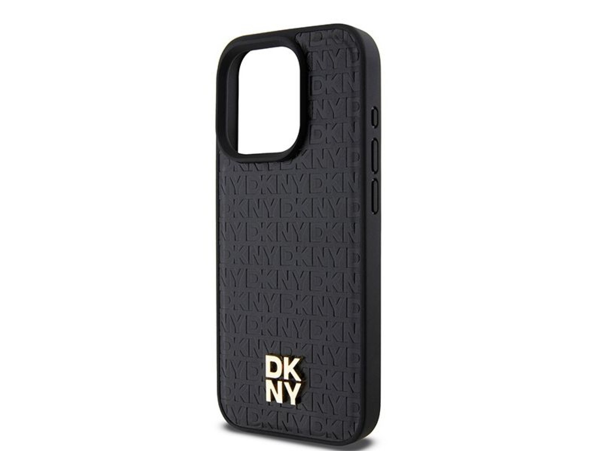 Capa MagSafe DKNY em couro com monograma e logotipo metálico para iPhone 15 Pro - Preta