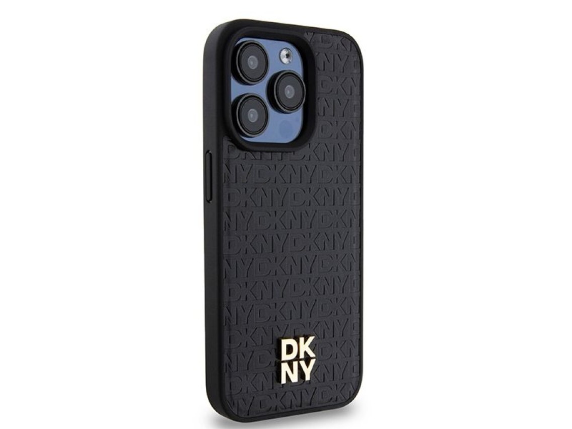 Capa MagSafe DKNY em couro com monograma e logotipo metálico para iPhone 15 Pro - Preta