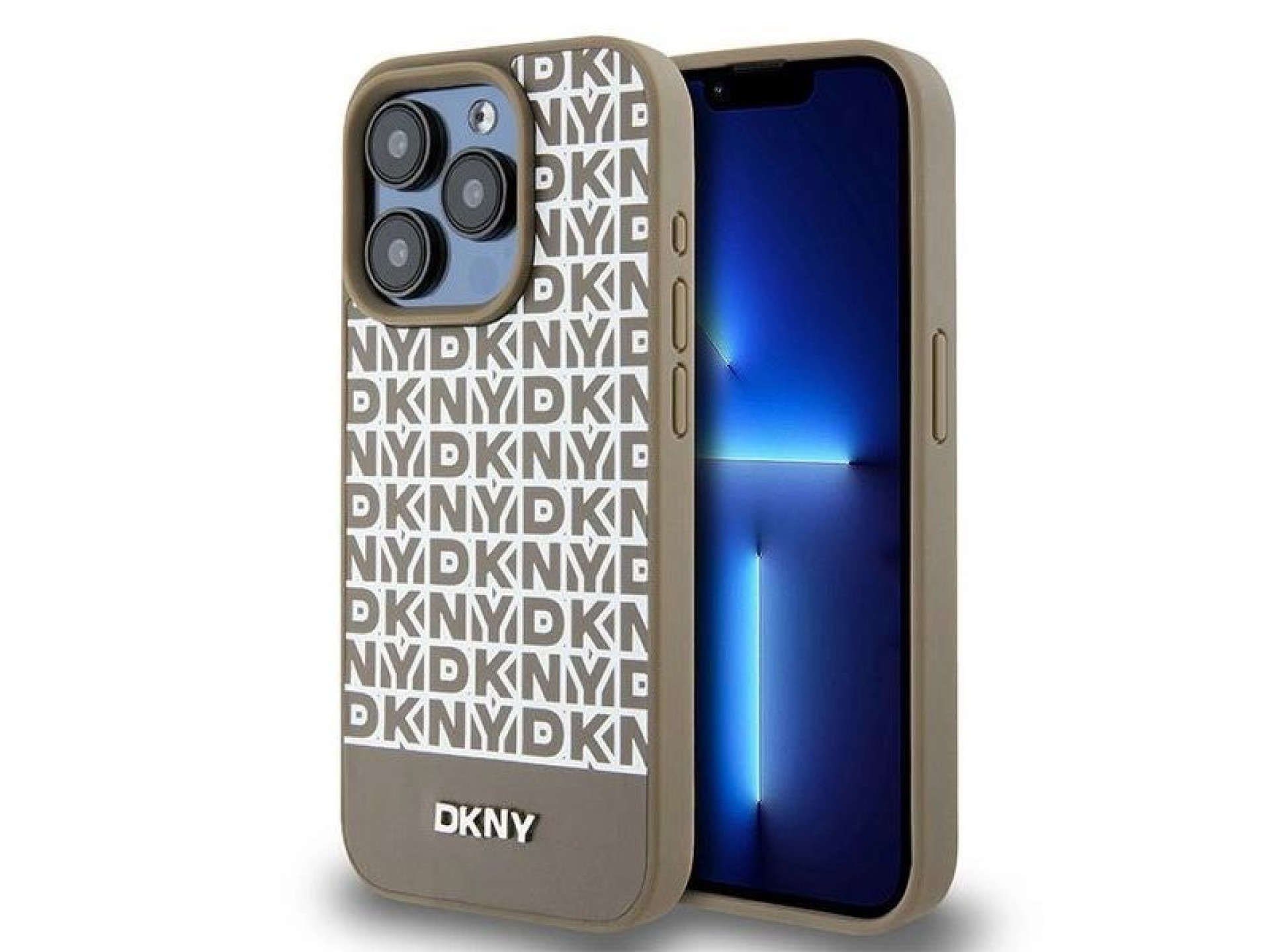 DKNY Leather Printed Pattern Metal Logo MagSafe Case for iPhone 15 Pro - Brown