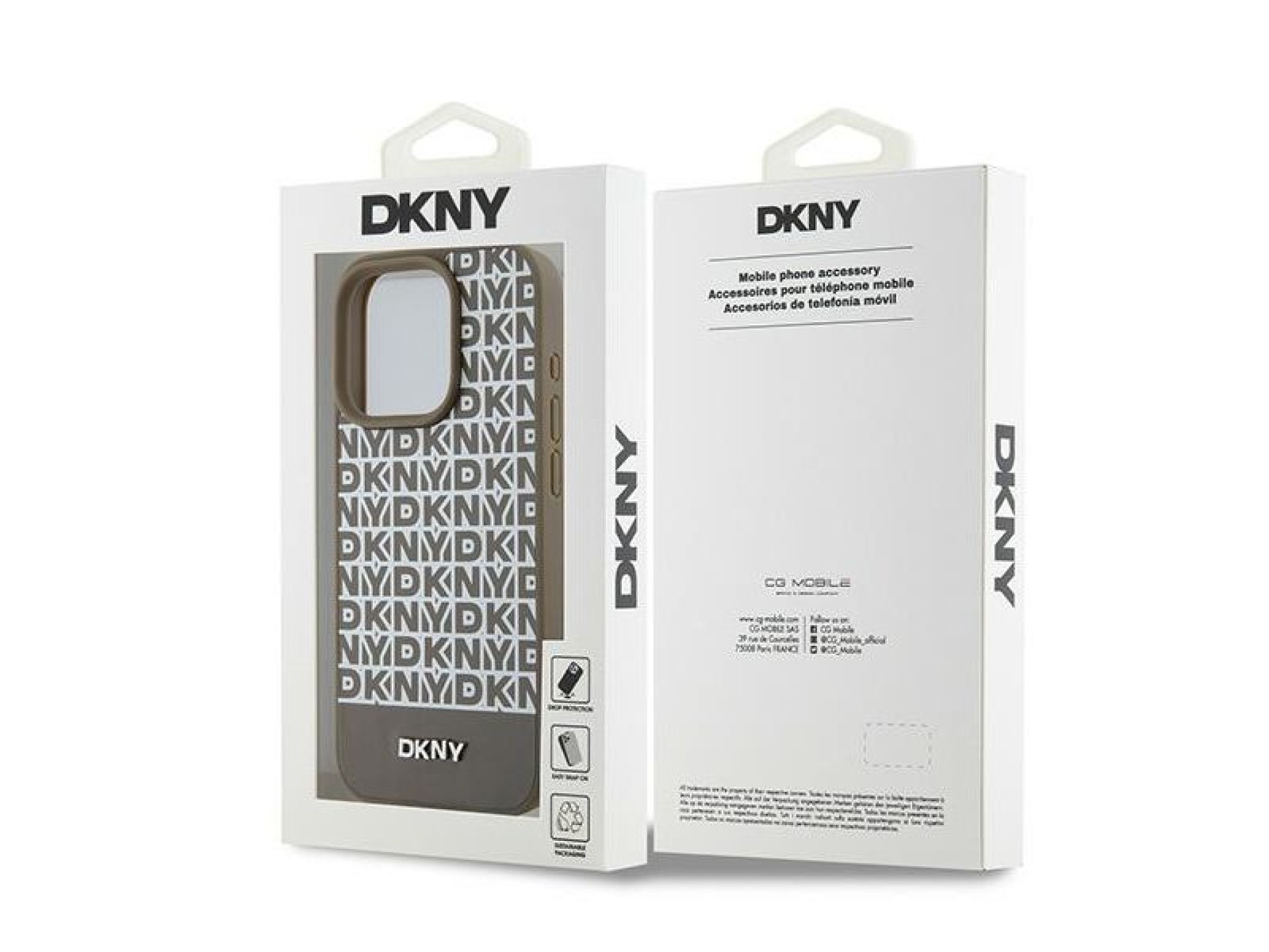 DKNY Leather Printed Pattern Metal Logo MagSafe Case for iPhone 15 Pro - Brown