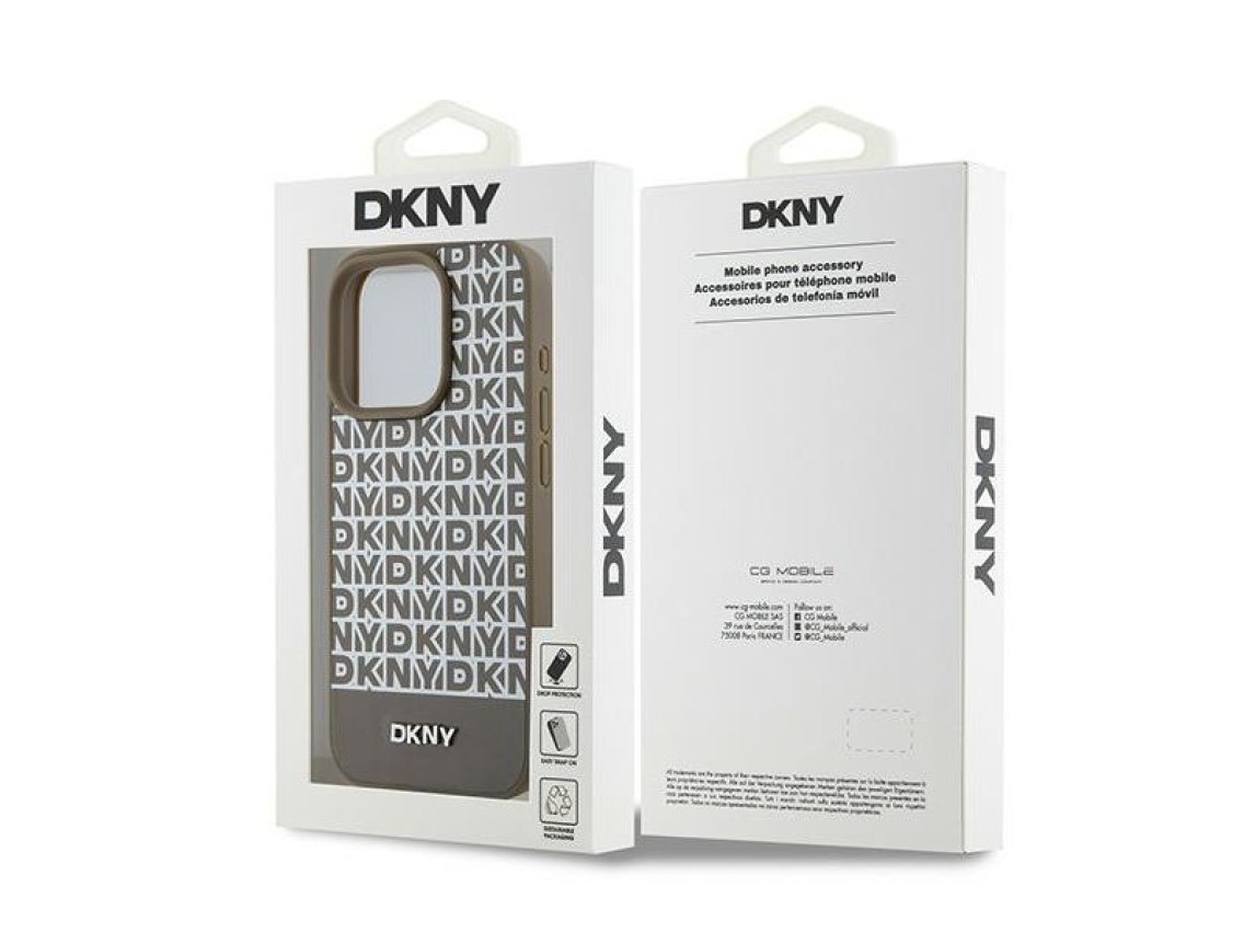 DKNY Leather Printed Pattern Metal Logo MagSafe Case for iPhone 15 Pro - Brown