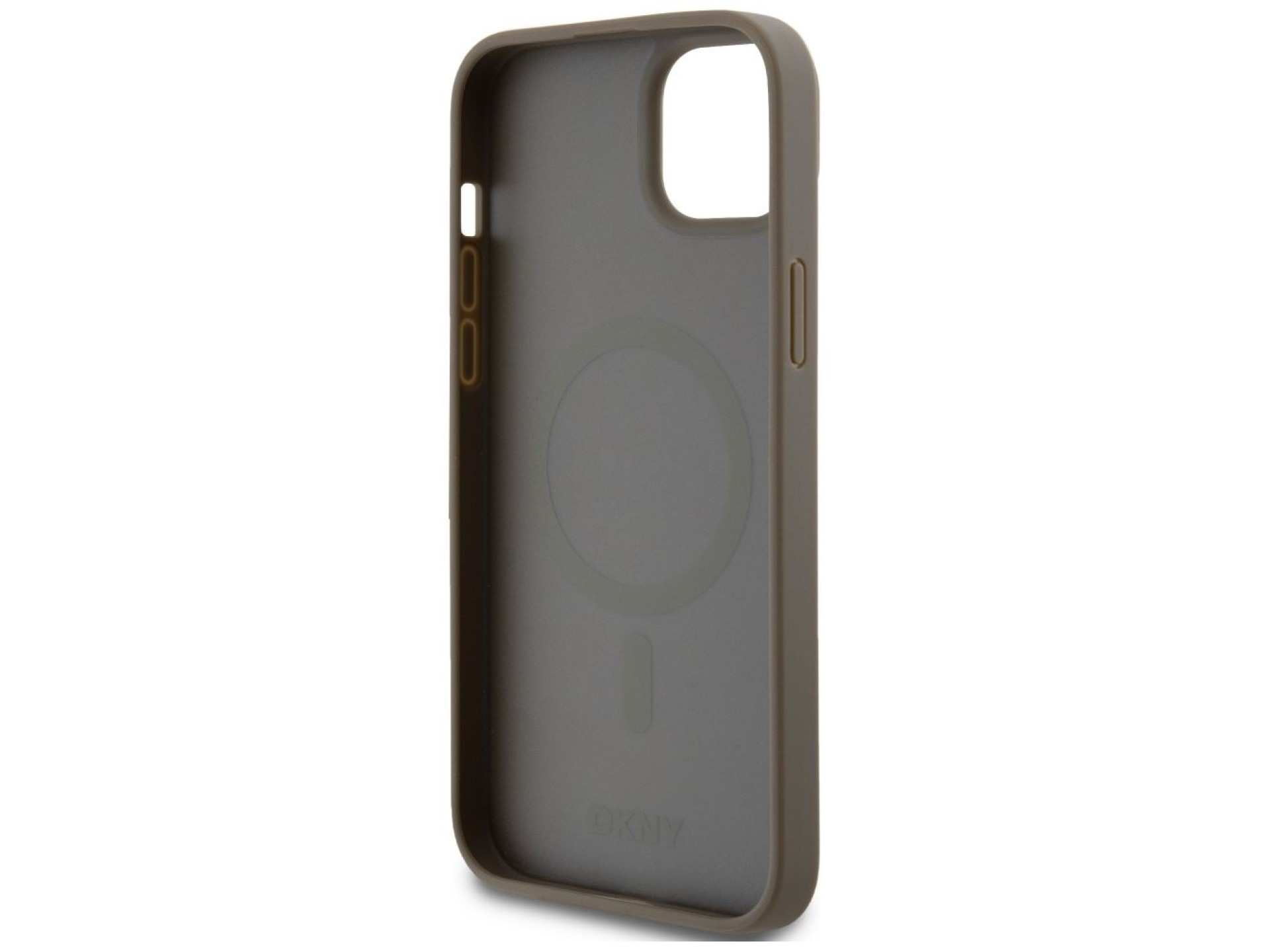 DKNY Leather Pattern Metal Logo MagSafe Case for iPhone 15 Plus / 14 Plus - Brown