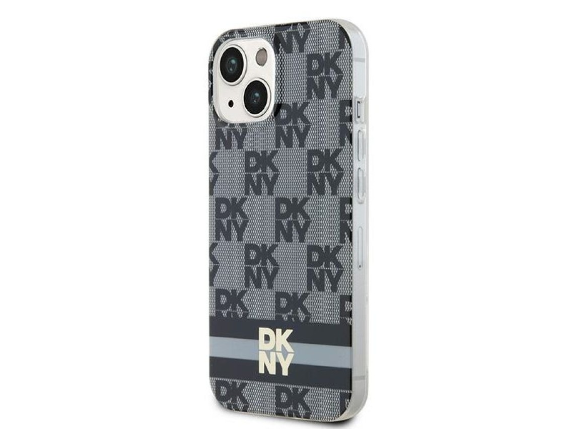 Capa MagSafe DKNY IML com estampa xadrez monocromática e listras para iPhone 15/14/13 - Preta