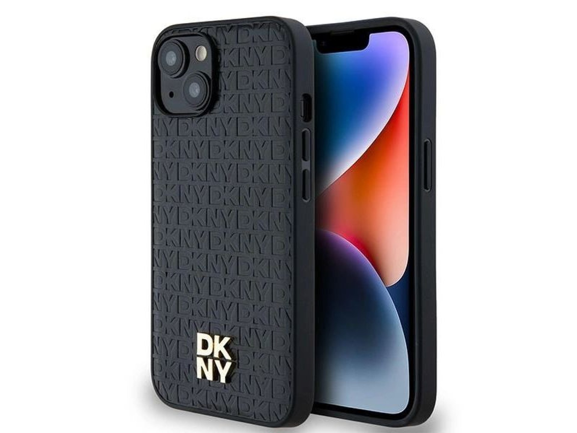 DKNY Leather Monogram Pattern Metal Logo MagSafe Case for iPhone 15/14/13 - Black