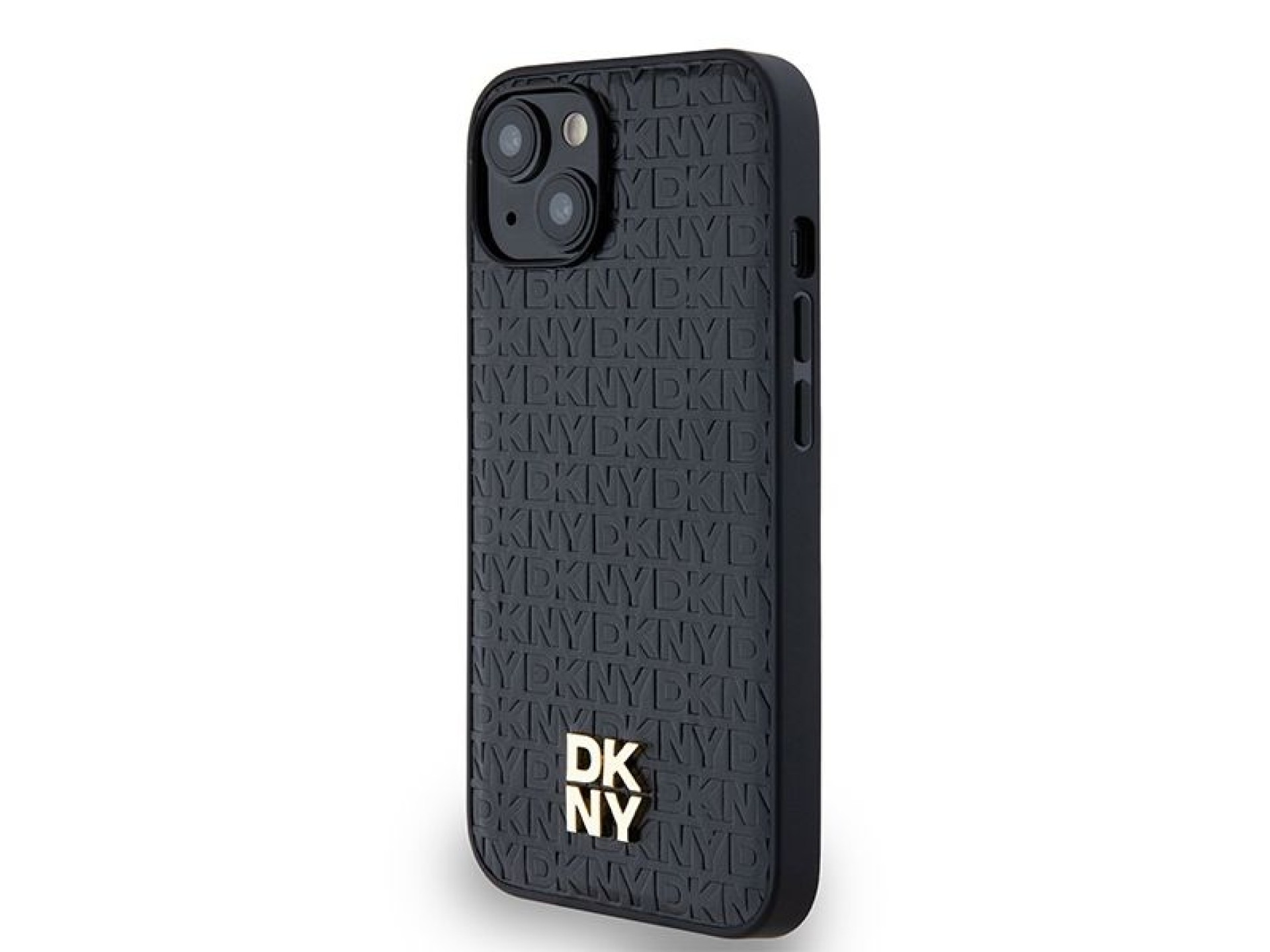 DKNY Leather Monogram Pattern Metal Logo MagSafe Case for iPhone 15/14/13 - Black