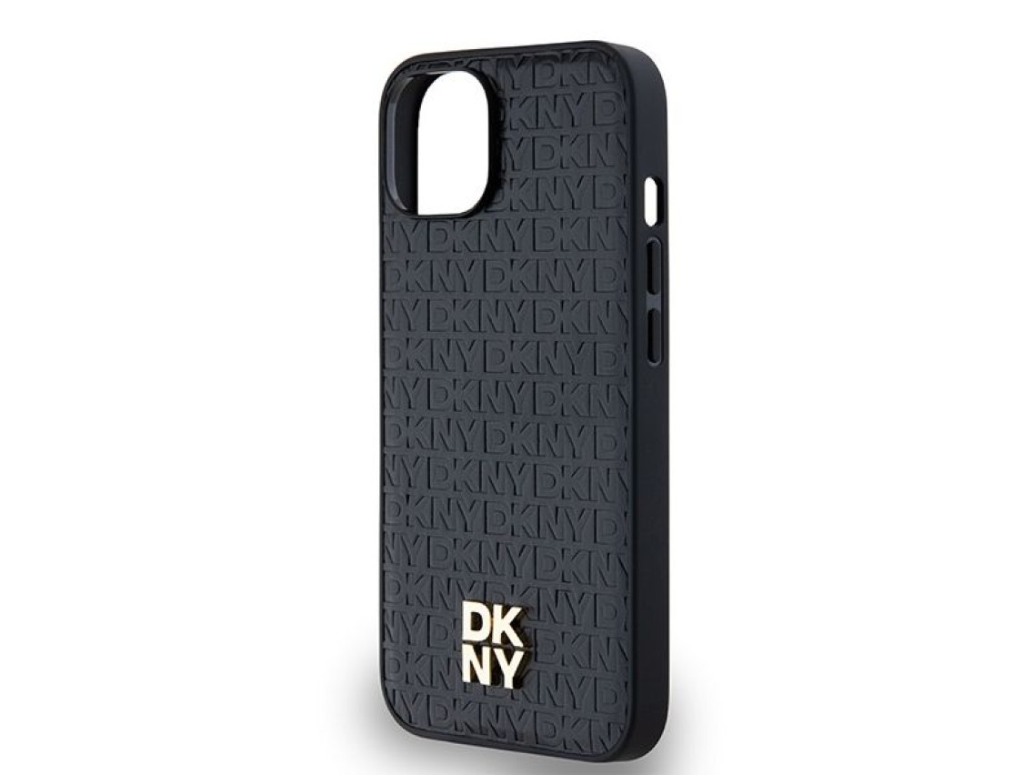 DKNY Leather Monogram Pattern Metal Logo MagSafe Case for iPhone 15/14/13 - Black