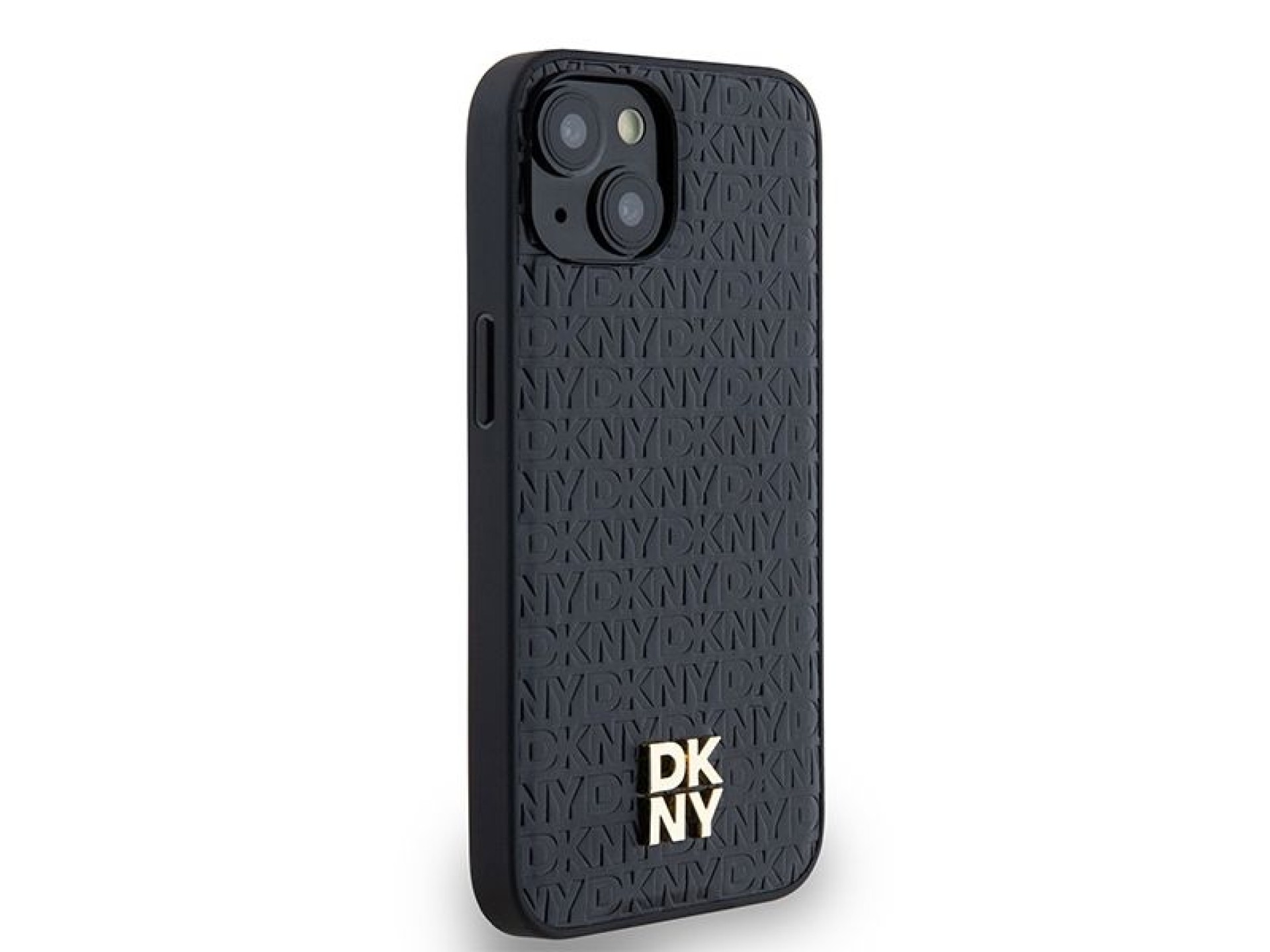 DKNY Leather Monogram Pattern Metal Logo MagSafe Case for iPhone 15/14/13 - Black