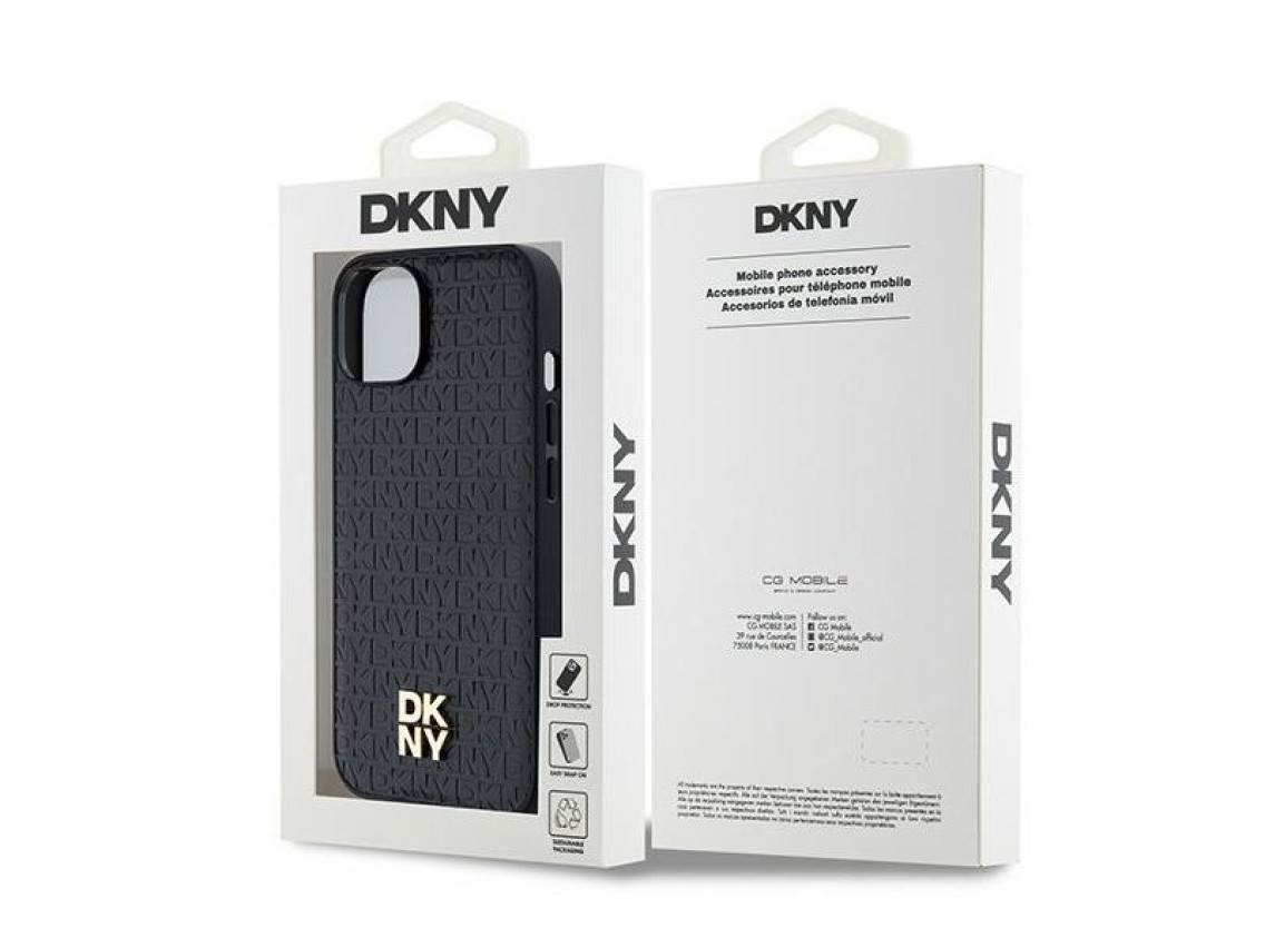 DKNY Leather Monogram Pattern Metal Logo MagSafe Case for iPhone 15/14/13 - Black