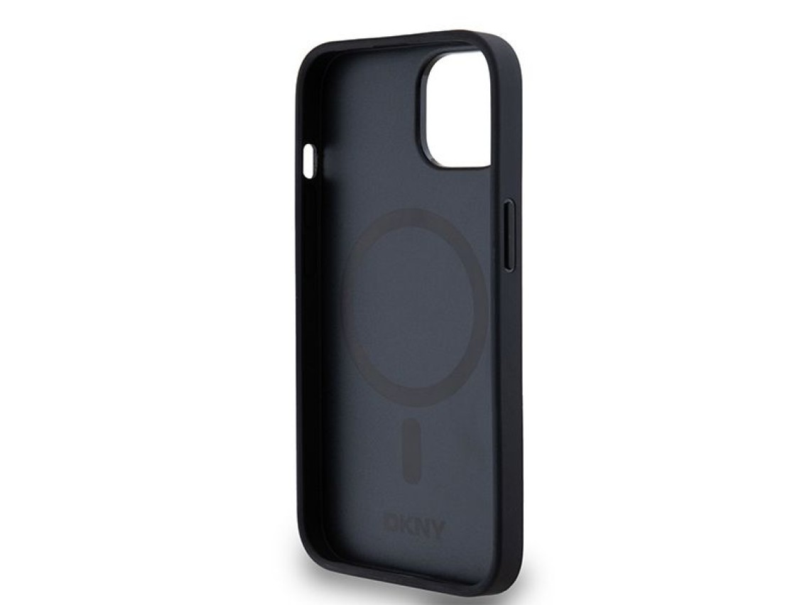 DKNY Leather Monogram Pattern Metal Logo MagSafe Case for iPhone 15/14/13 - Black