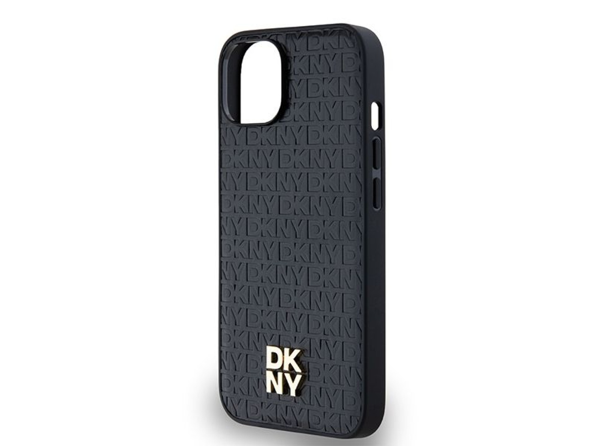 DKNY Leather Monogram Pattern Metal Logo MagSafe Case for iPhone 15/14/13 - Black