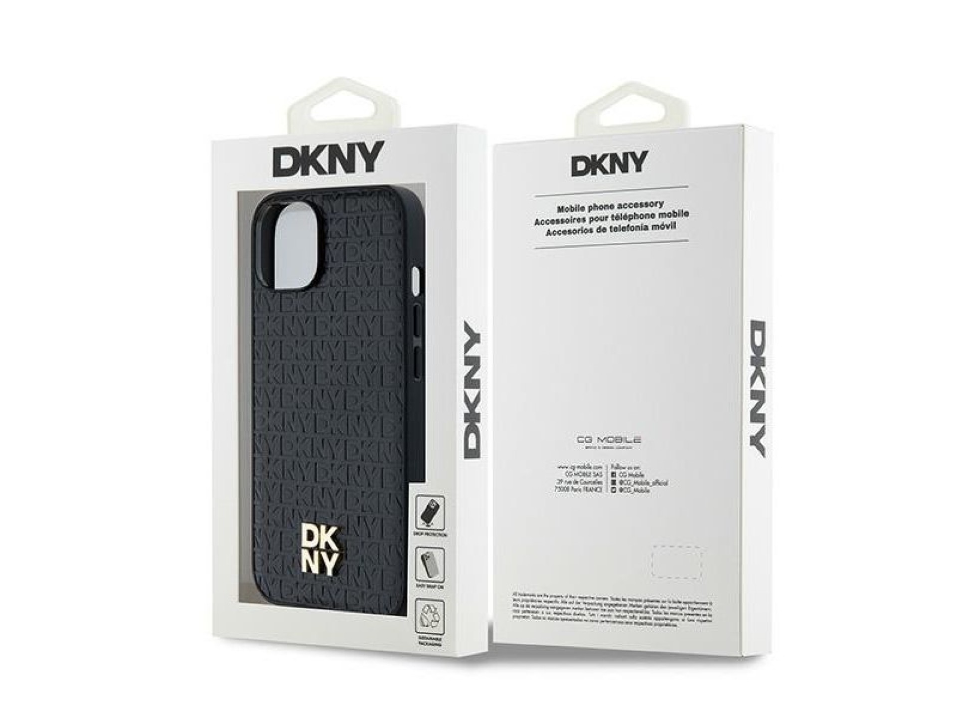 DKNY Leather Monogram Pattern Metal Logo MagSafe Case for iPhone 15/14/13 - Black