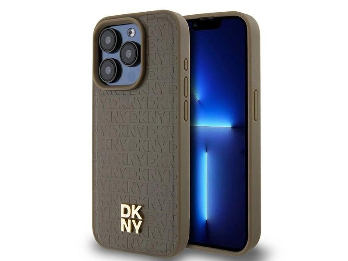 DKNY Leather Pattern Metal Logo MagSafe case for iPhone 14 Pro - brown