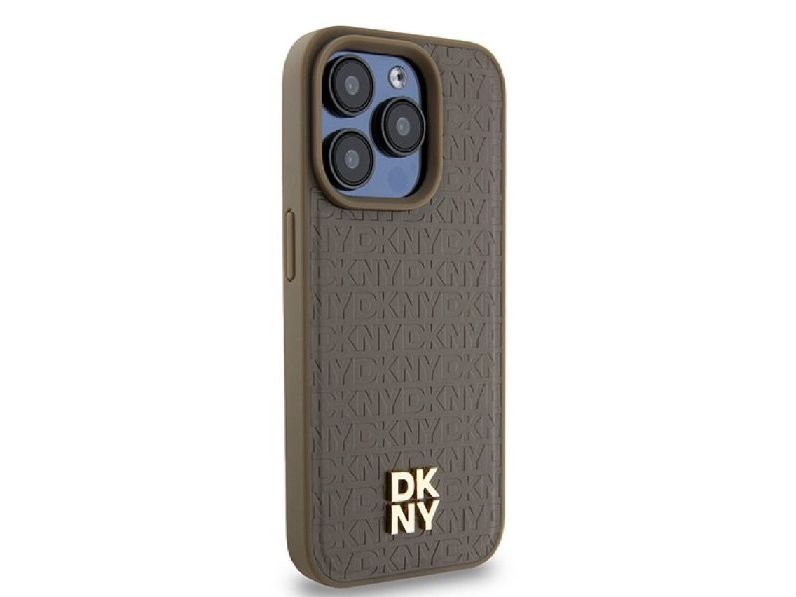 DKNY Leather Pattern Metal Logo MagSafe case for iPhone 14 Pro - brown