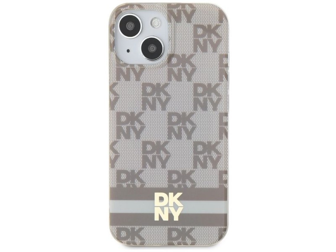 Capa MagSafe DKNY IML com estampa xadrez monocrom�tica e listras para iPhone 15/14/13 - bege