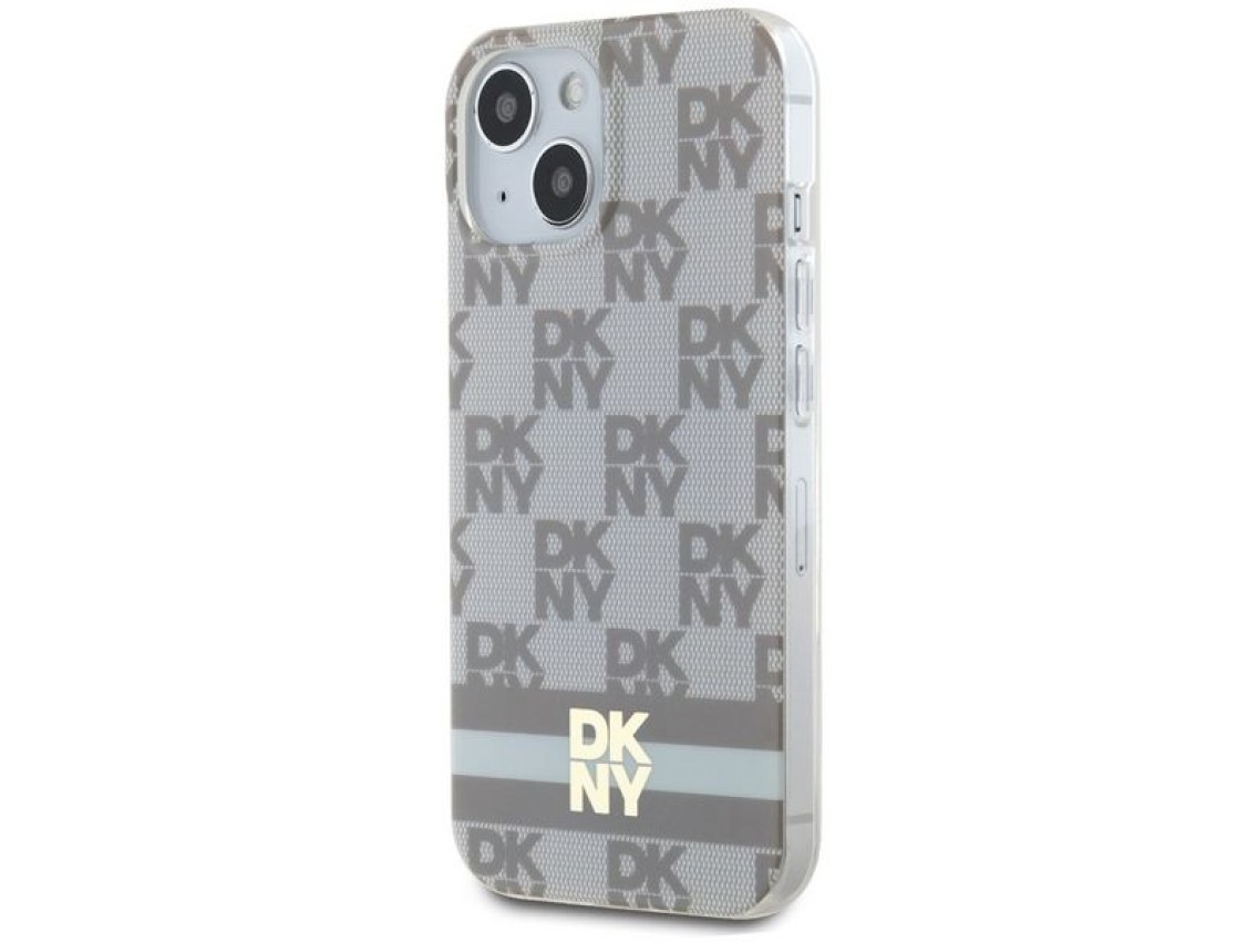 Capa MagSafe DKNY IML com estampa xadrez monocrom�tica e listras para iPhone 15/14/13 - bege