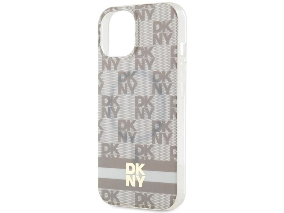 Capa MagSafe DKNY IML com estampa xadrez monocrom�tica e listras para iPhone 15/14/13 - bege