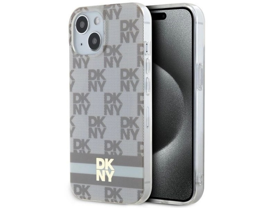Capa MagSafe DKNY IML com estampa xadrez monocrom�tica e listras para iPhone 15/14/13 - bege