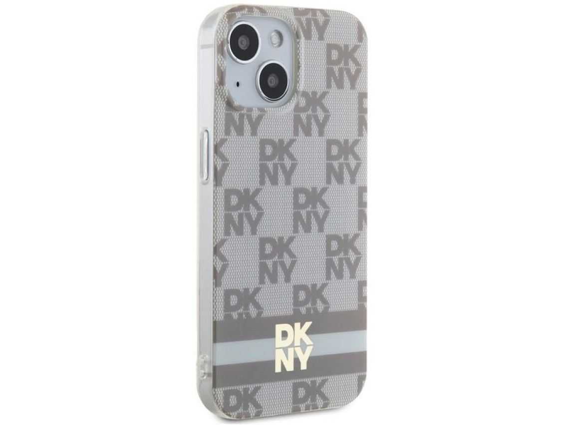 Capa MagSafe DKNY IML com estampa xadrez monocrom�tica e listras para iPhone 15/14/13 - bege