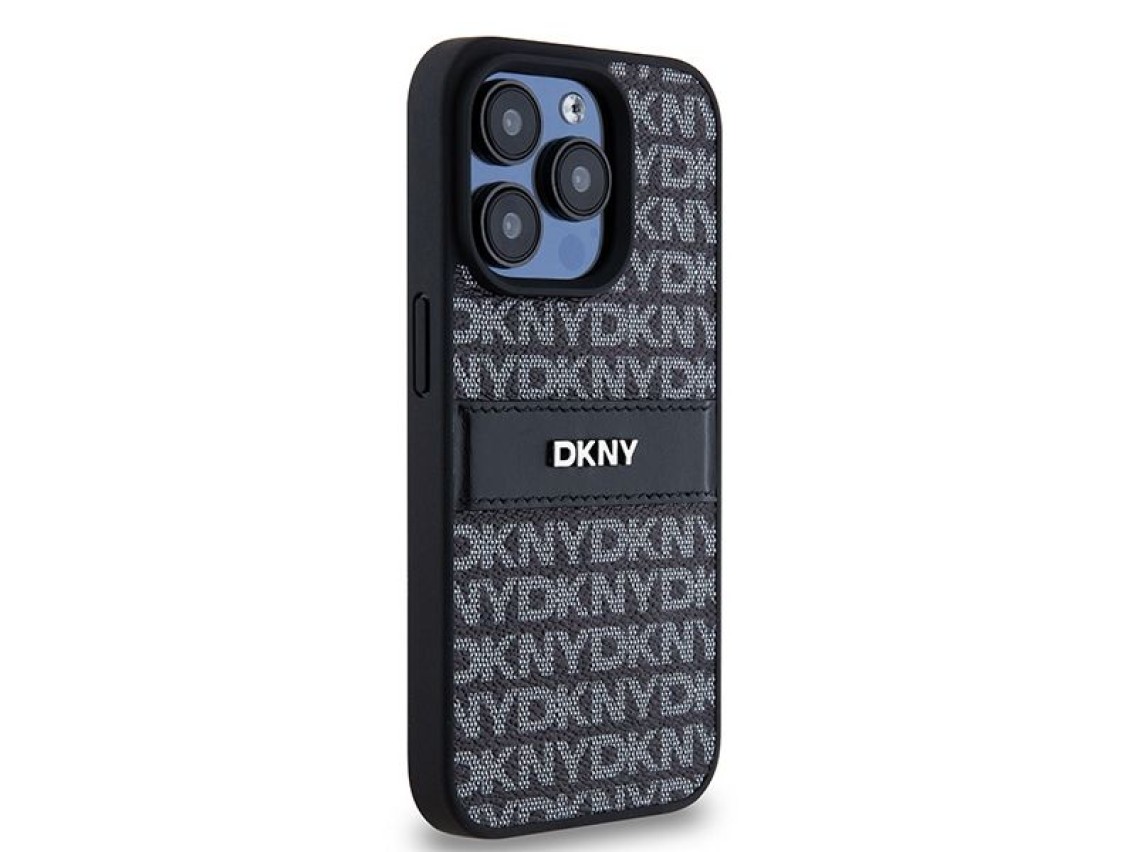 Capa DKNY em couro com estampa Mono Stripe e logo metálico para iPhone 15 Pro Max - preta