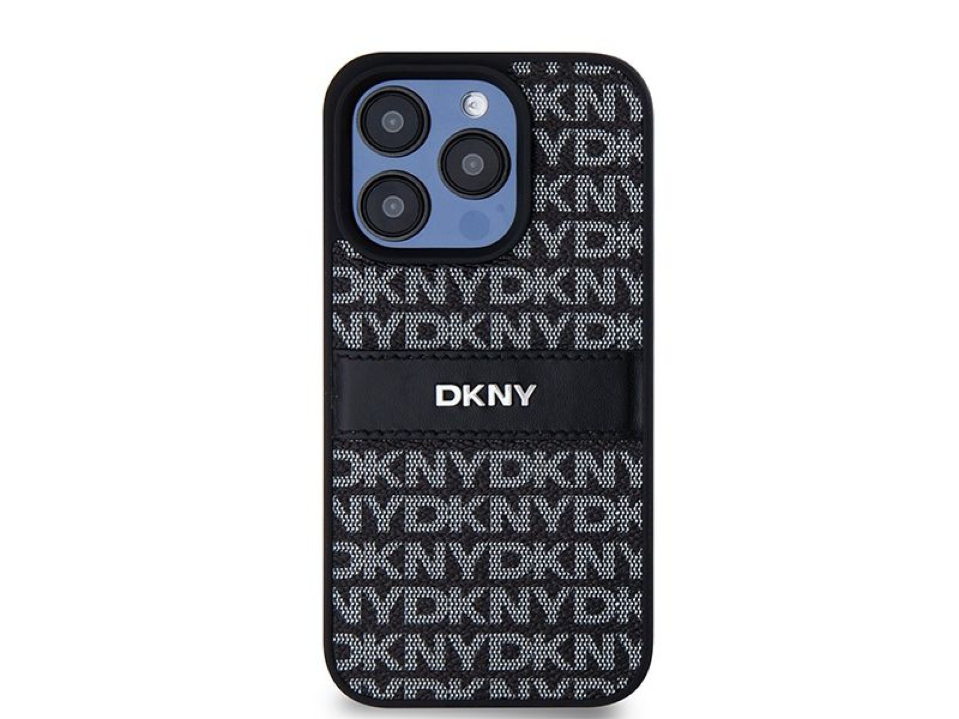Capa DKNY em couro com estampa Mono Stripe e logo metálico para iPhone 15 Pro Max - preta