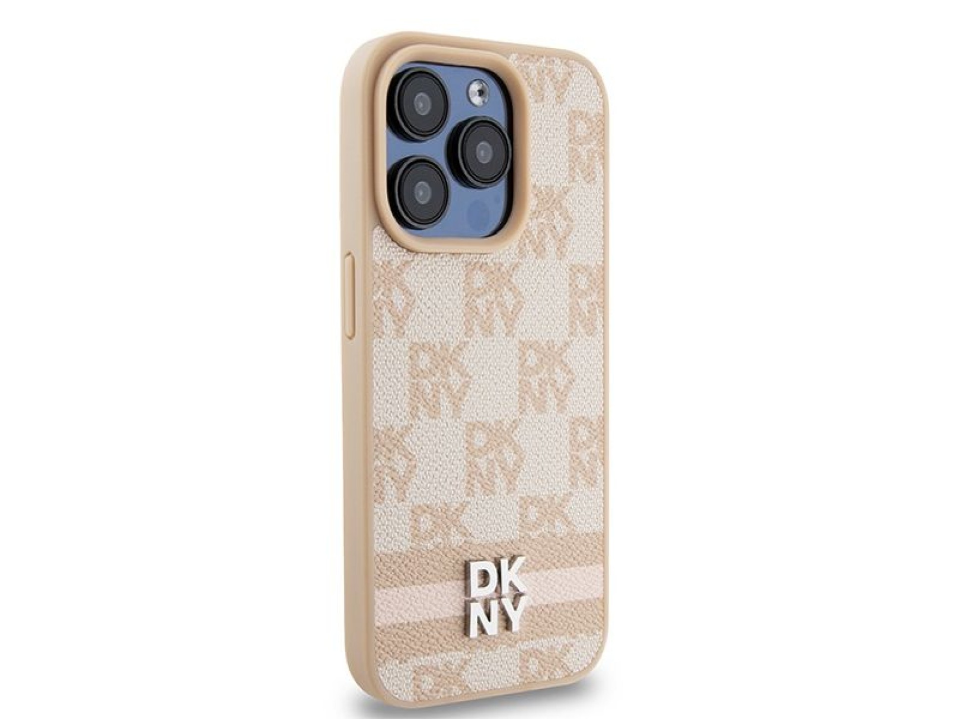 Capa DKNY em couro com estampa xadrez monocromática e listras para iPhone 15 Pro Max - rosa