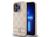 DKNY Leather Checkered Mono Pattern & Printed Stripes case for iPhone 15 Pro Max - pink