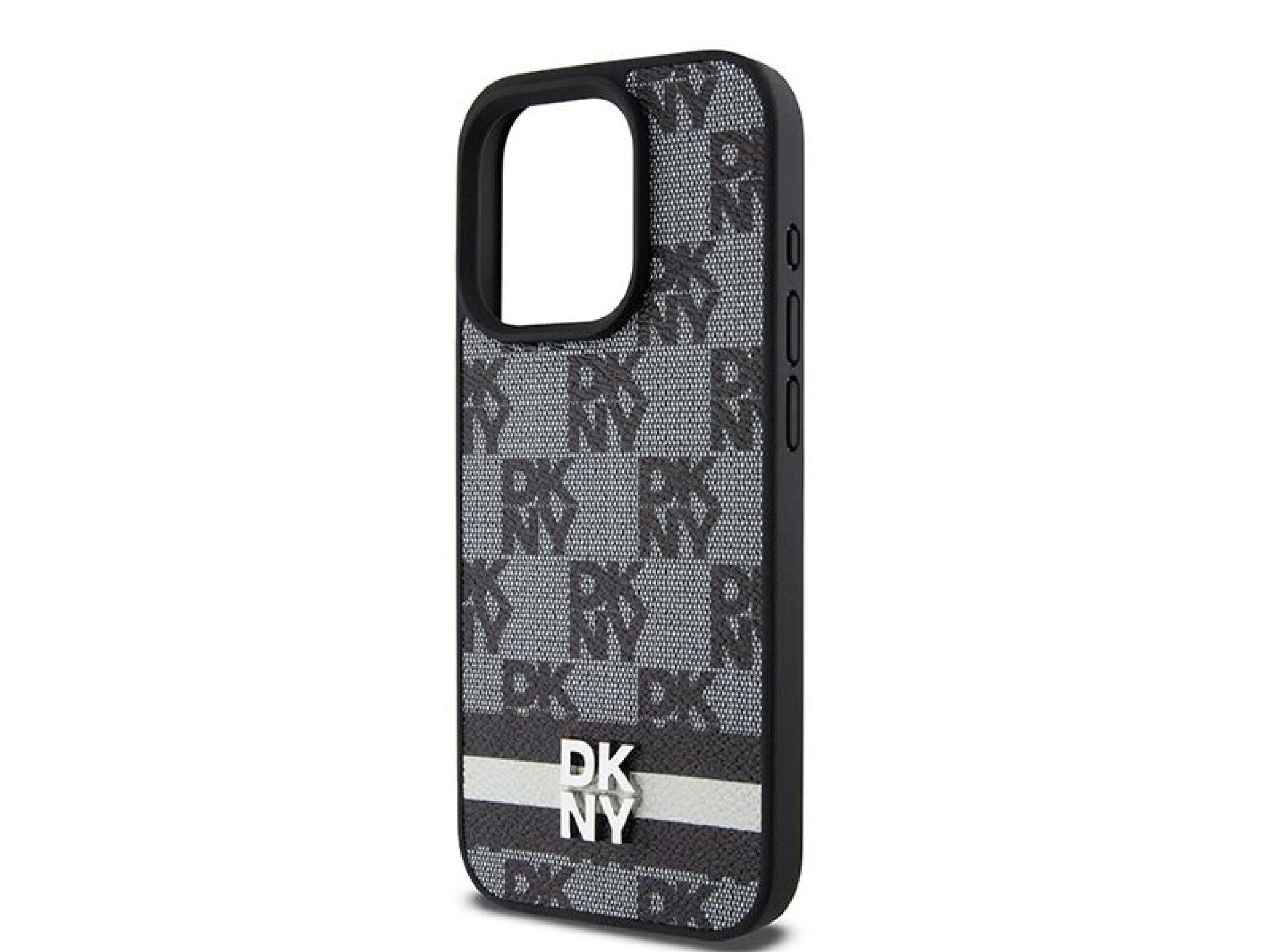 Capa DKNY em couro com estampa xadrez monocromática e listras para iPhone 15 Pro Max - Preta