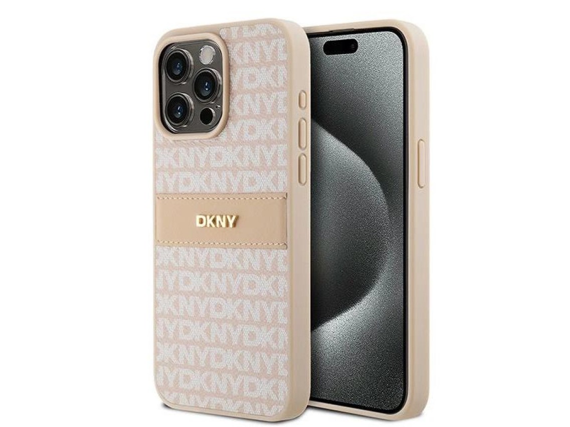 DKNY Leather Mono Stripe & Metal Logo case for iPhone 15 Pro Max - pink