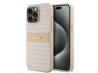 Funda DKNY de piel con franja monocromática y logotipo metálico para iPhone 15 Pro Max - rosa Funda DKNY de piel con franja monocromática y logotipo metálico para iPhone 15 Pro Max - rosa