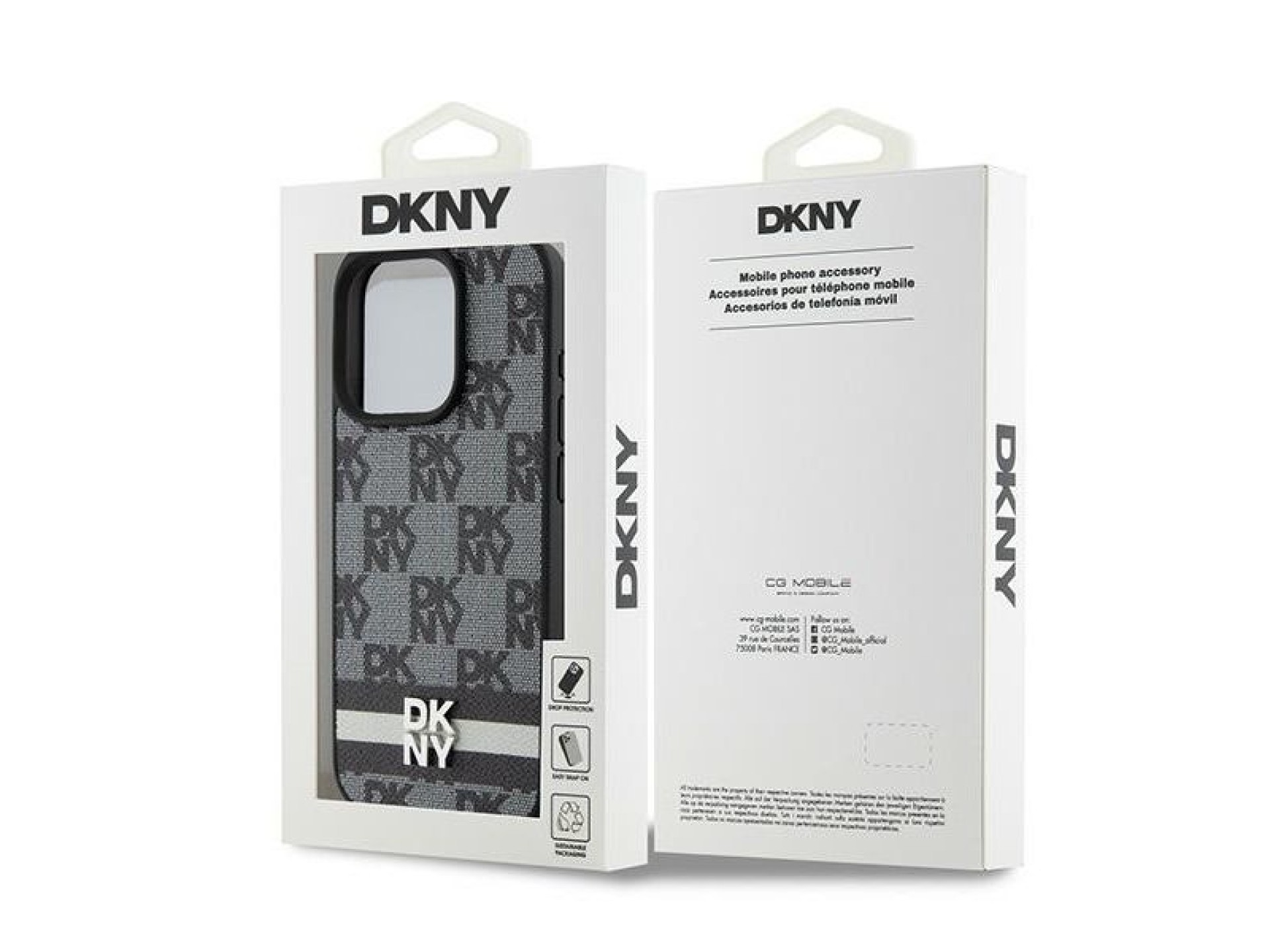 Capa DKNY em couro com estampa xadrez monocromática e listras para iPhone 15 Pro Max - Preta