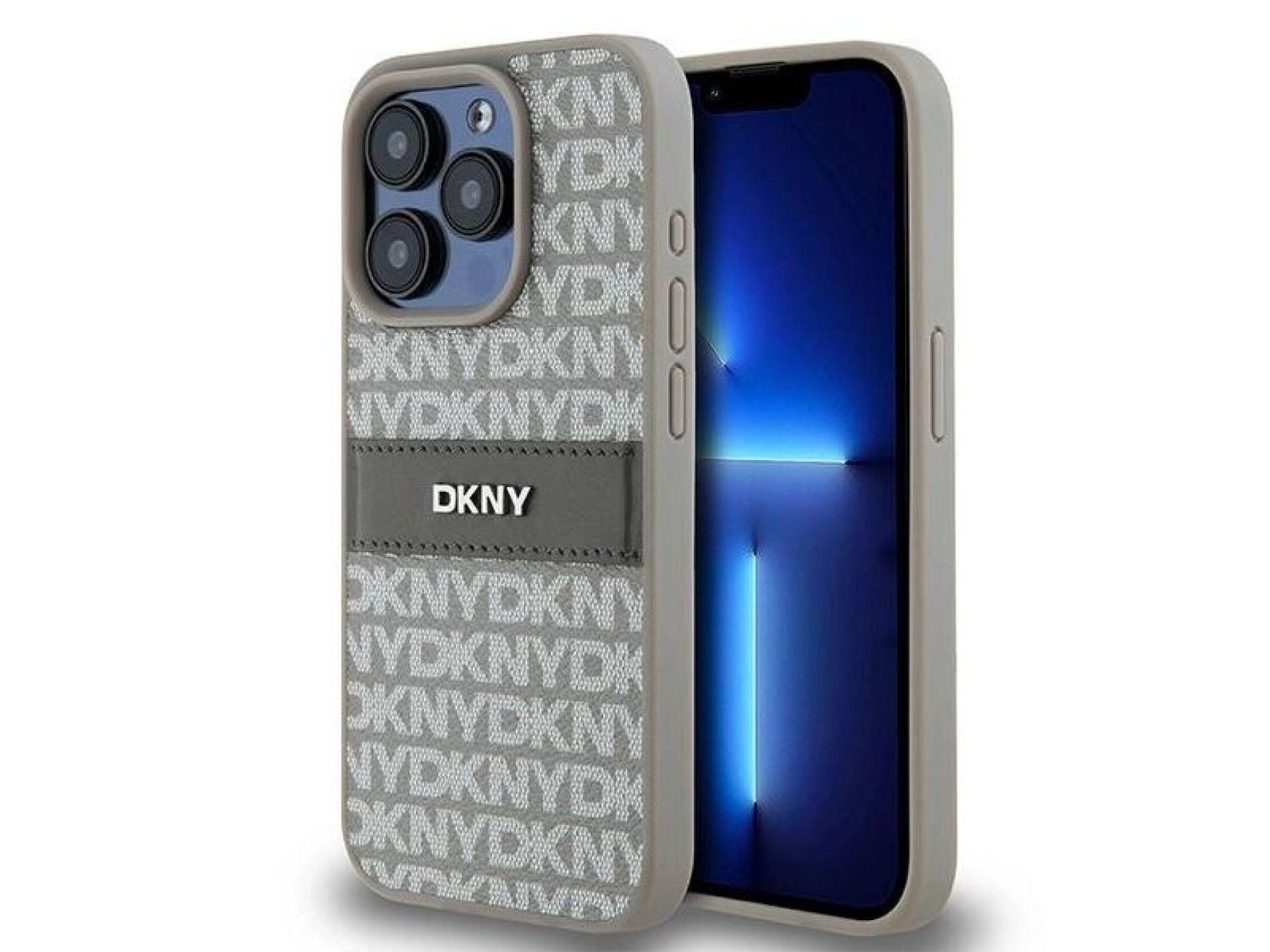 DKNY Leather Mono Stripe & Metal Logo case for iPhone 15 Pro Max - beige