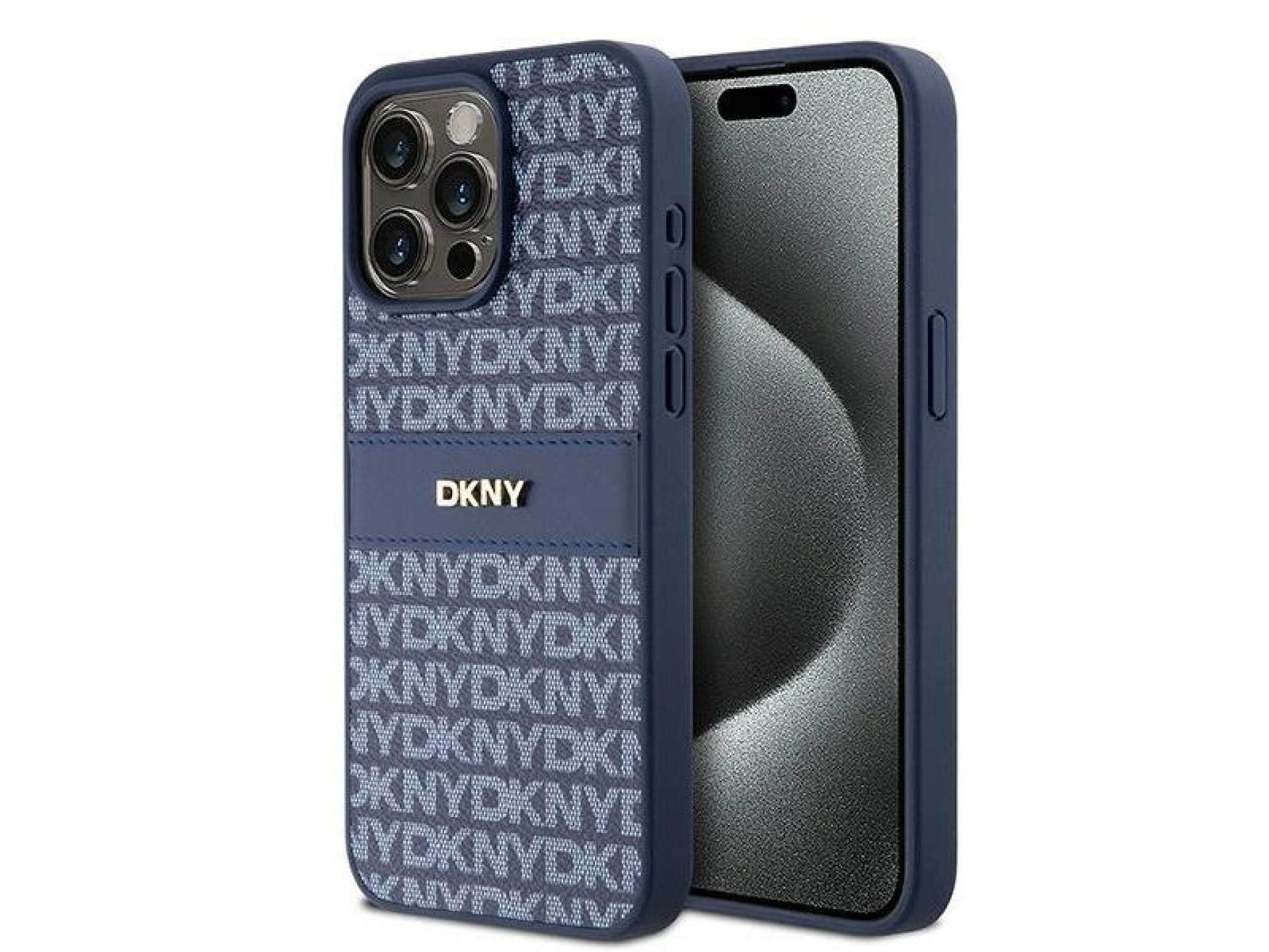 DKNY Leather Mono Stripe & Metal Logo case for iPhone 15 Pro Max - blue